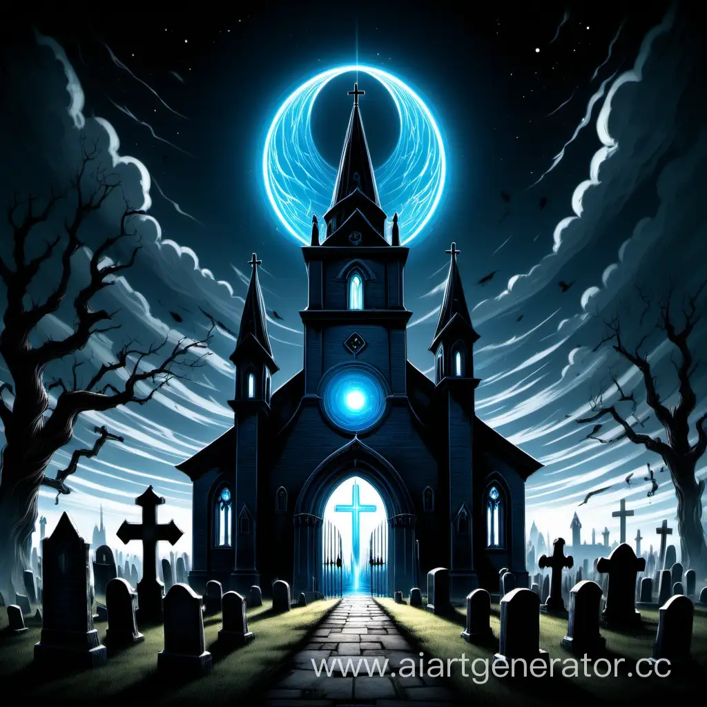 A church on  a flat territory with an graveyard on the left side from the entrance, which casts a beam in the sky which opens a portal and summon an huge dark-blue eye looking right at you. And the portal has PERFECT outlines.