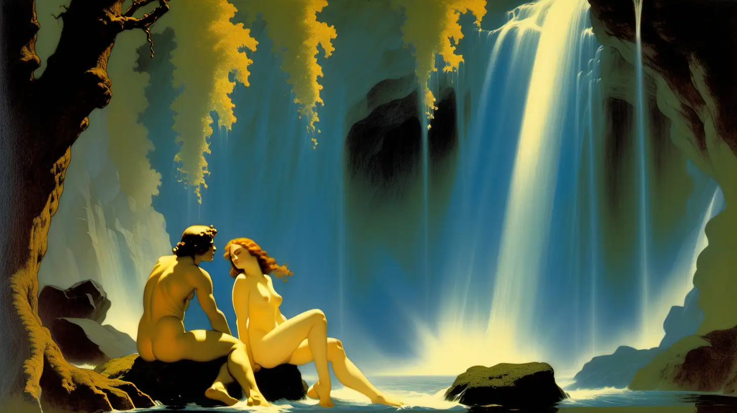 Enchanted Forest Waterfall Nude Lovers Inspired by Maxfield Parrish and Frank Frazetta