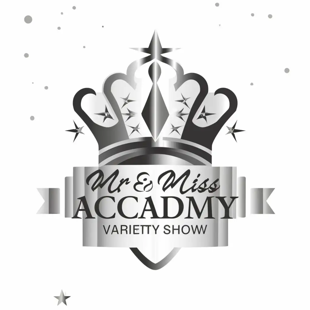 logo, WHITE AND SILVER PEOPLE CROWN WITH WHITE BACKGROUND, with the text "MR AND MISS ACADEMY VARIETY SHOW", typography, be used in Beauty Spa industry