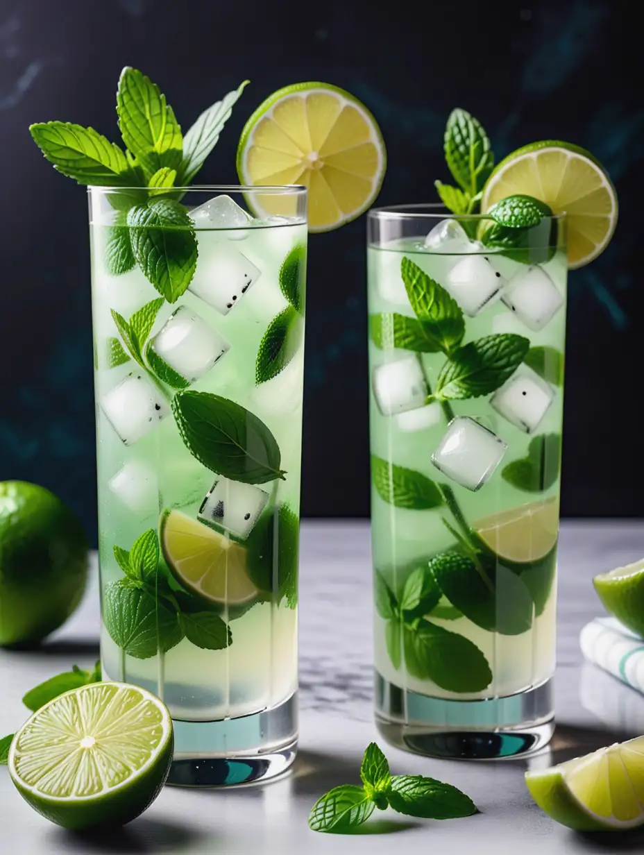 Two glasses of mojito with differing mint leaf and lime slice positions.