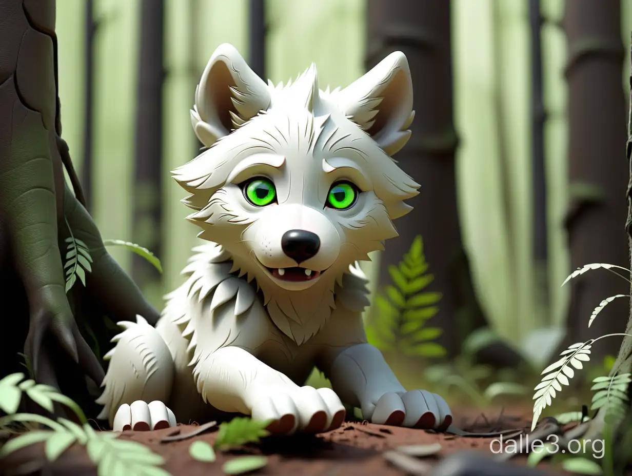 Белый зеленоглазый волчонок испуганно сидит в лесу.