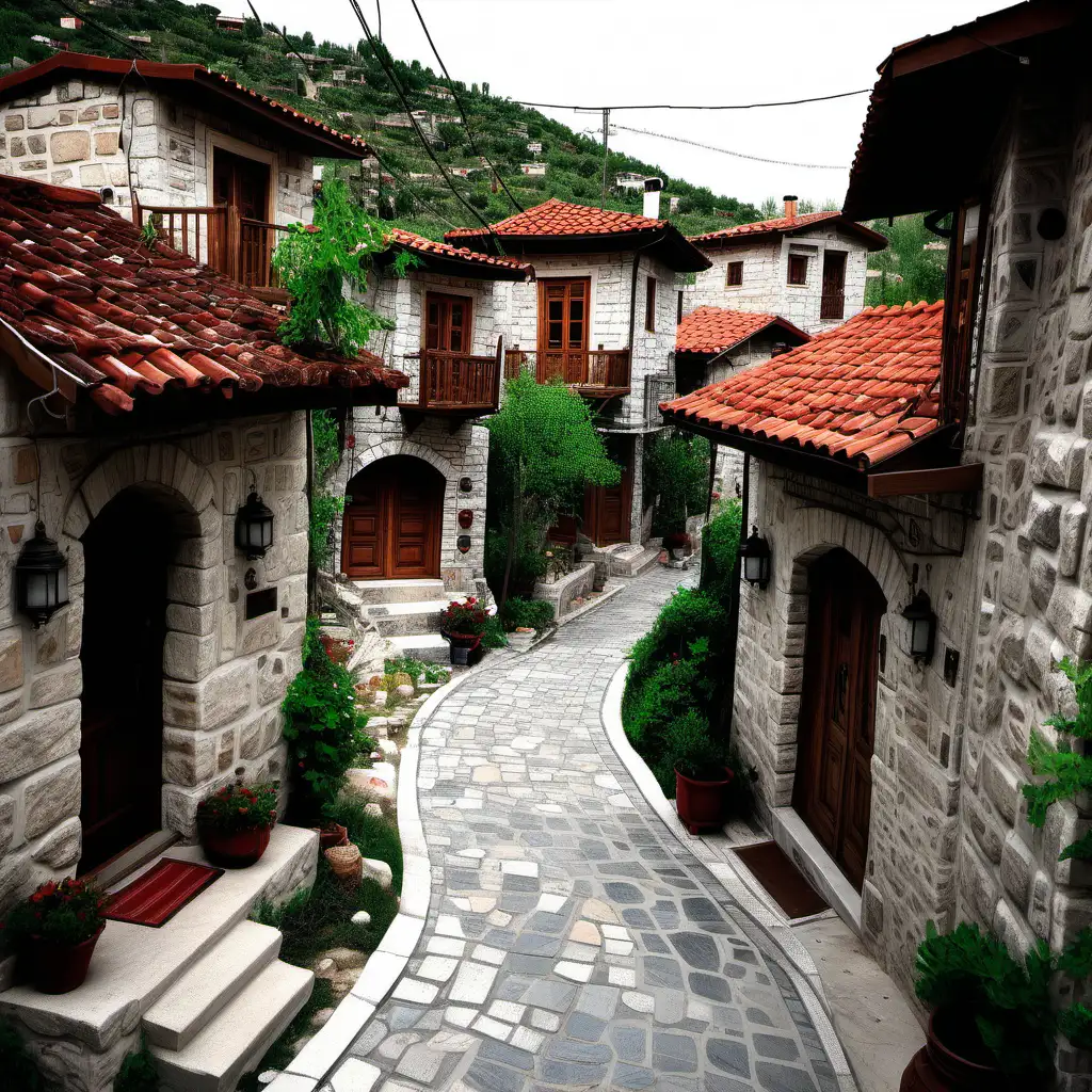 a village, have lots of turkish traditional villas, cozy mood, stone and wooden, humans in the road