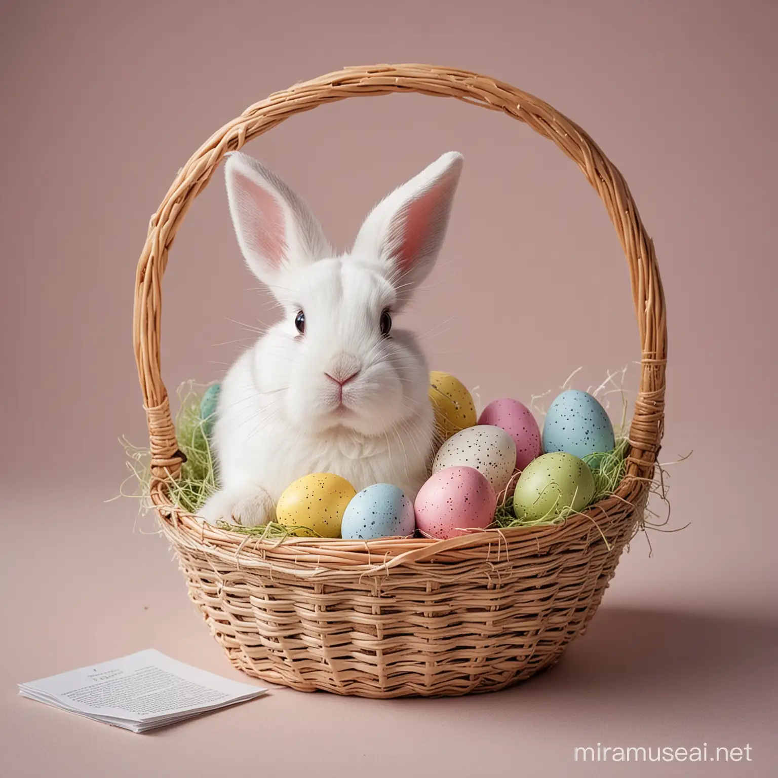 an Easter basket containing Easter eggs and the Civil Code, held by a bunny