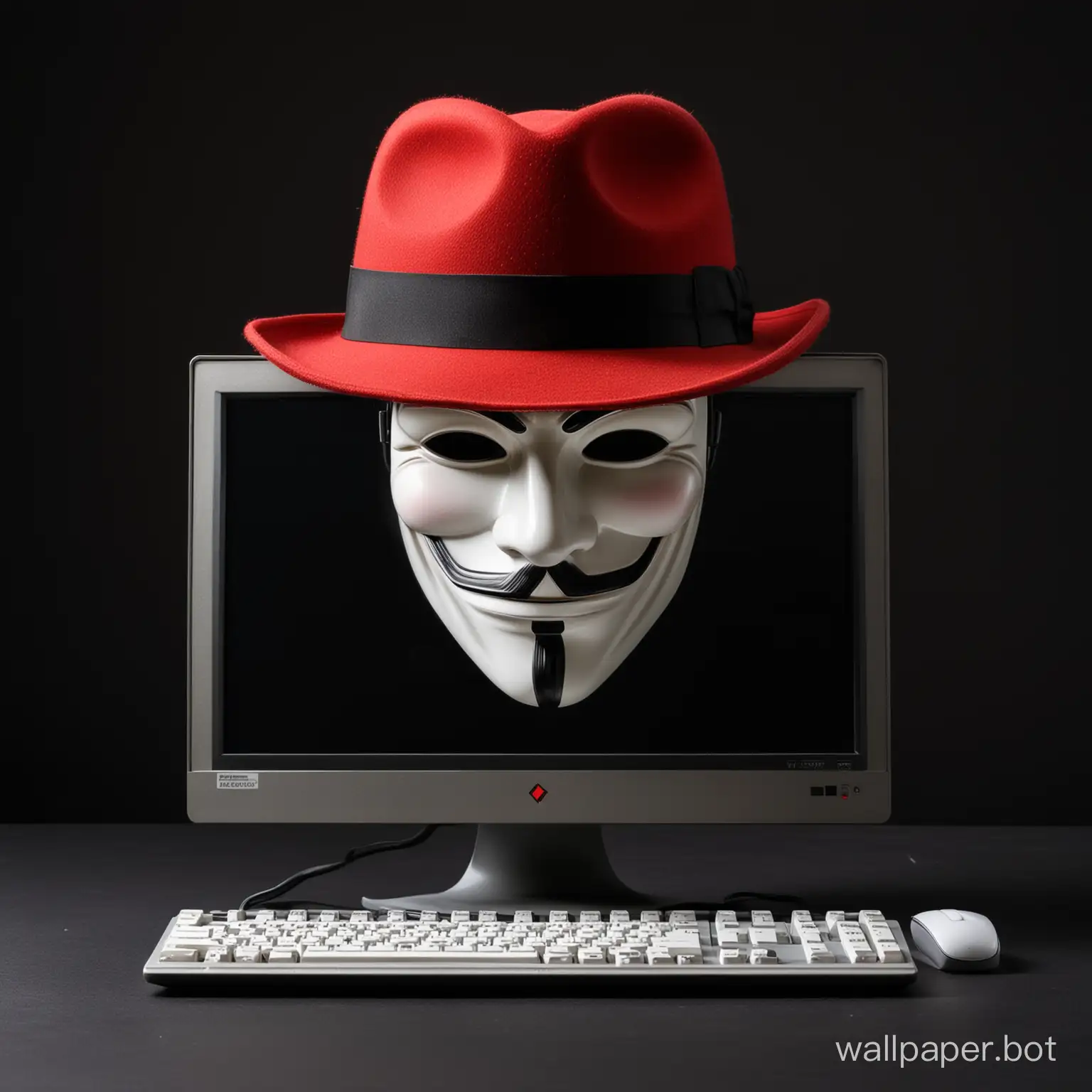 Anonymous with Fedora hat in red, white face, computer and terminal, black background