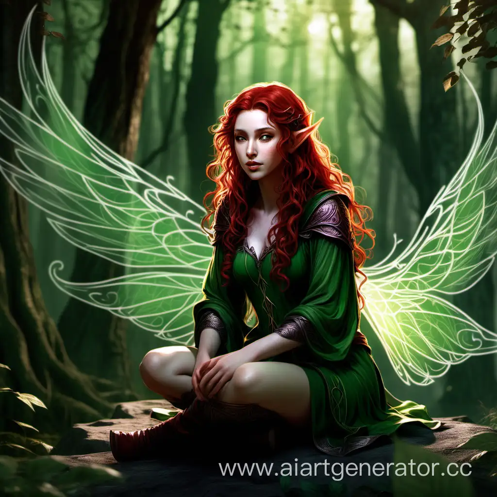 Девушка эльфийка у которой не видны черты лица. свисают рыжие волнистые волосы. У неё должны быть зелёные крылья. Персонаж на рисунке должен выглядеть сексуально,  Фон должен быть лесным, загадочным. Девушка сидит на корточках.