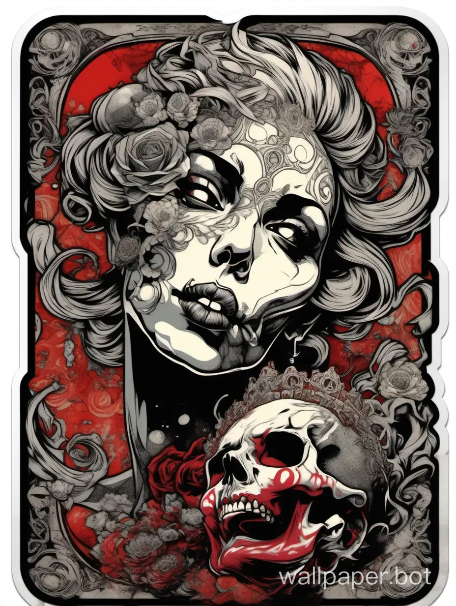 skull venus odalisque, front head , sexy crazy face, open mouth with tongue, chaos ornamental, short hair, darkness, assimetrical, chinese poster, torn poster edge, alphonse mucha hiperdetailed, highcontrast, black white red gray, explosive dripping  colors, sticker art