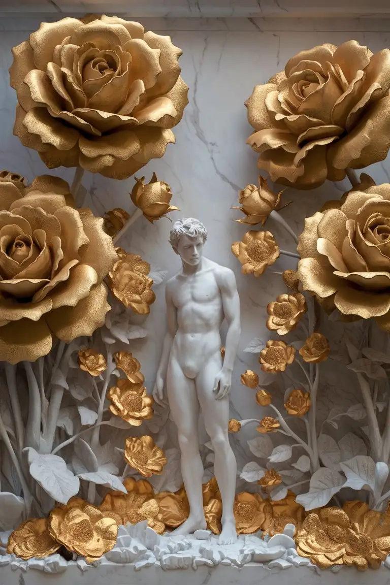Lonely-Man-in-White-Marble-Sculpture-Surrounded-by-Golden-Roses