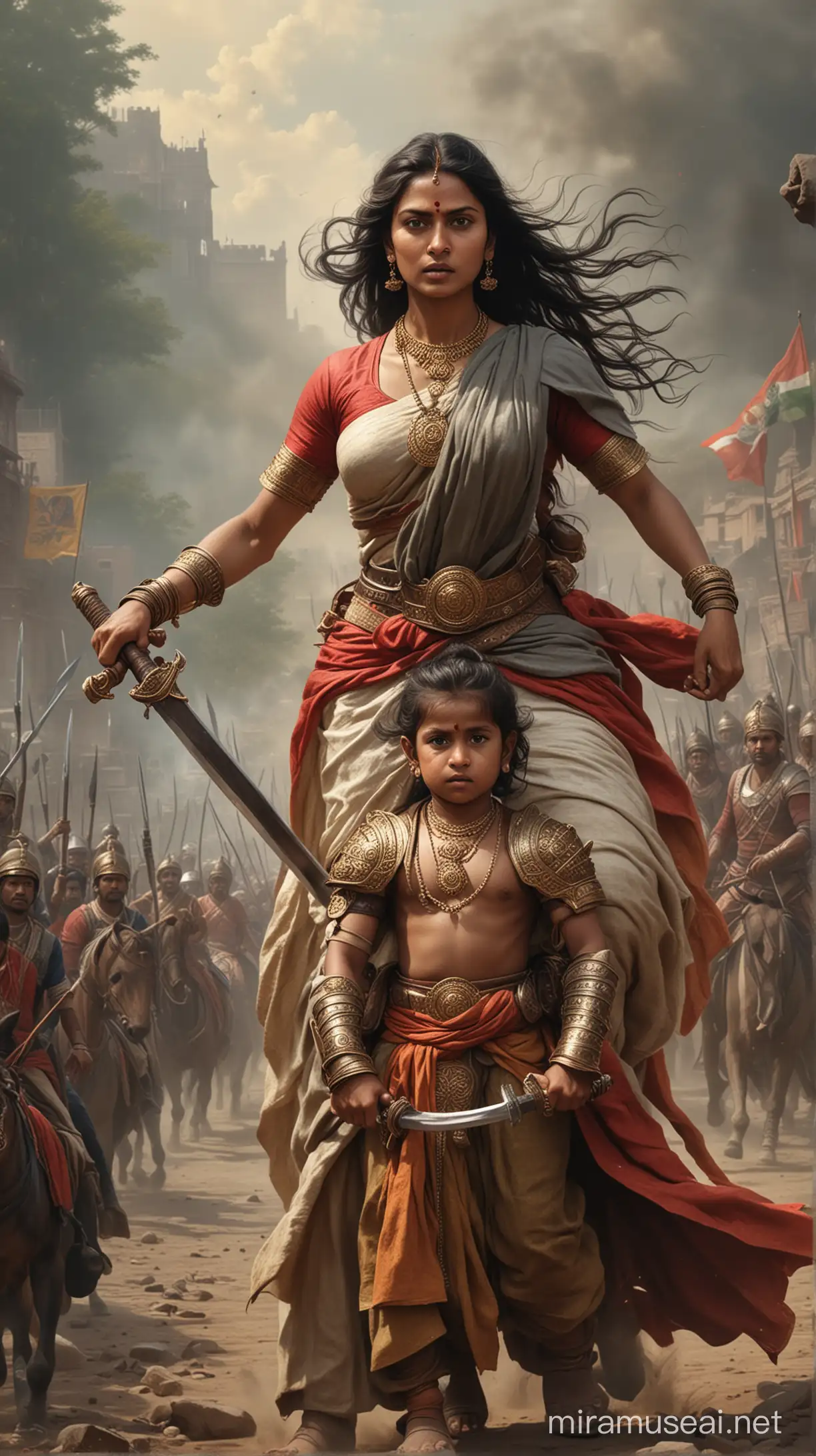 Lakshmi Bai Battle Scene Courageous Mother Defending with Sword Against British Forces