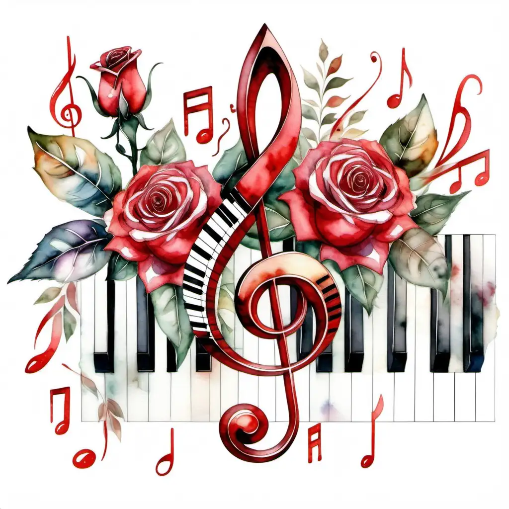 Abstract watercolor treble clef decorated with red roses and piano keyboard