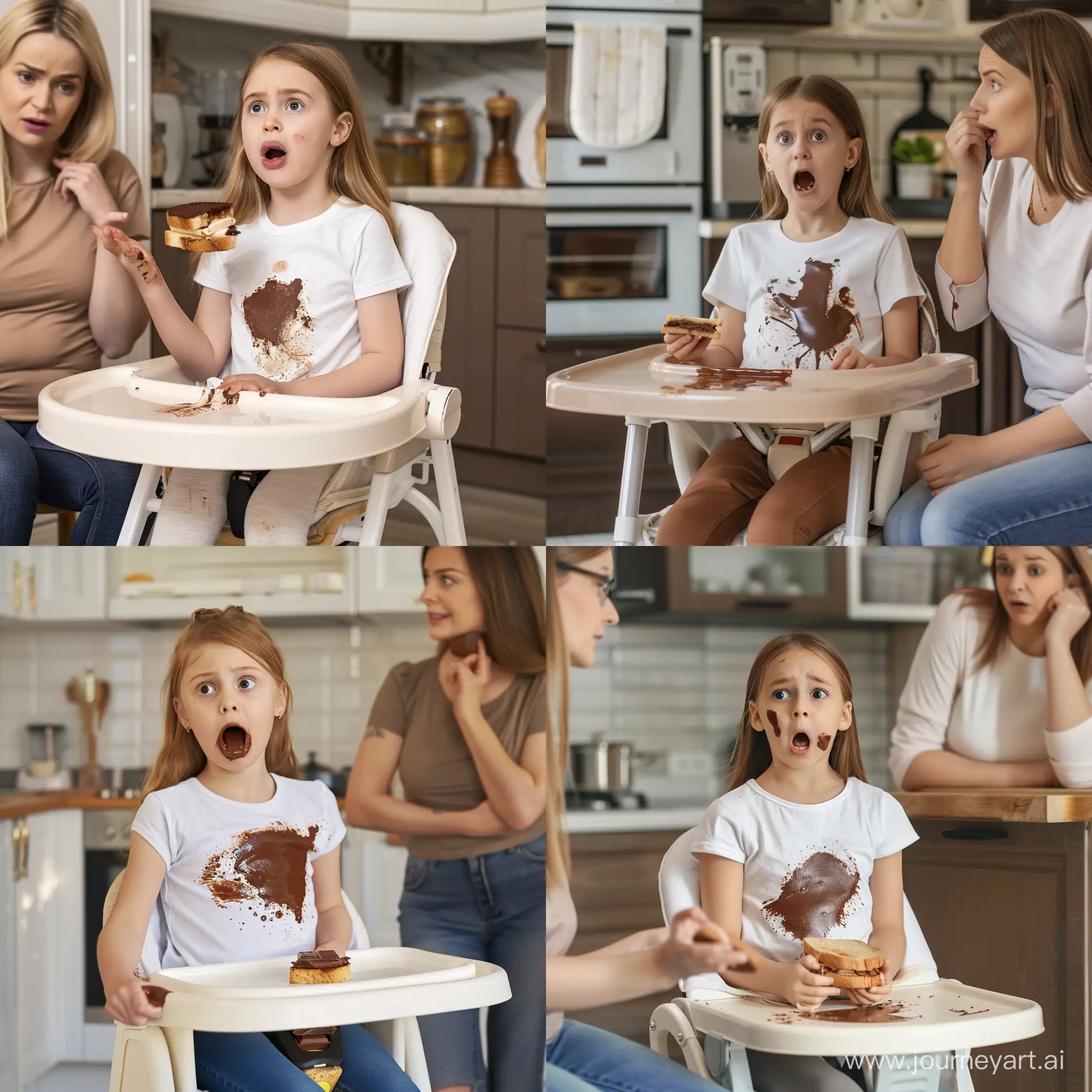 young girl sitting on highchair in kitchen, holding chocolate sandwich, a chocolate stain is on the girl's t-shirt, the girl is shocked,  mother is next to her thinking
