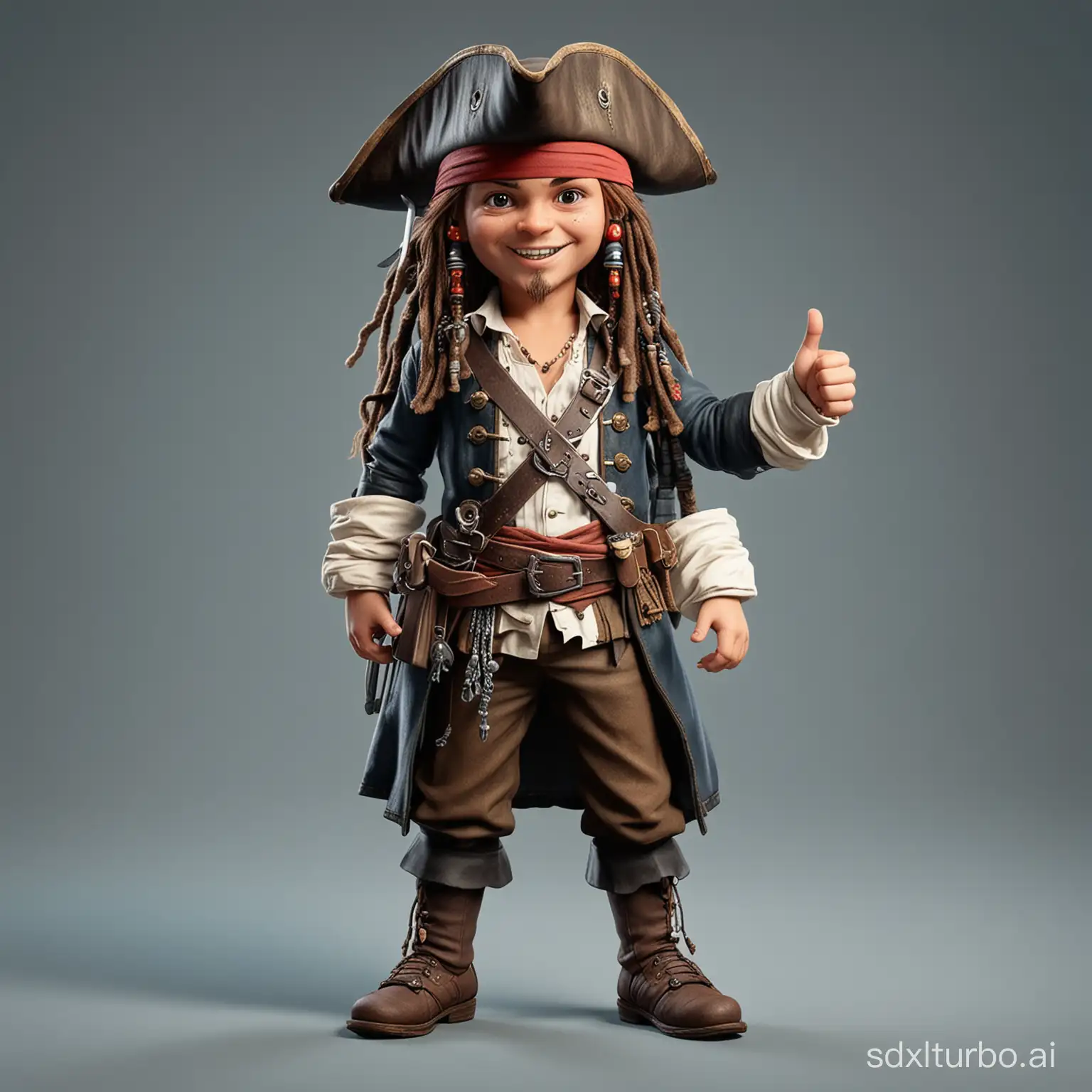 Little child captain jack sparrow with thumbs up pose, game character, stands at full height