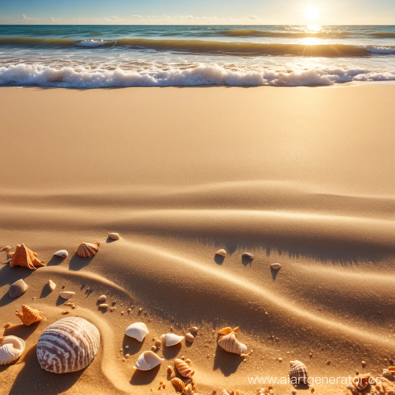 яркая сочная картинка песок на переднем плане с ракушками, вдали море ,солнца лучи
