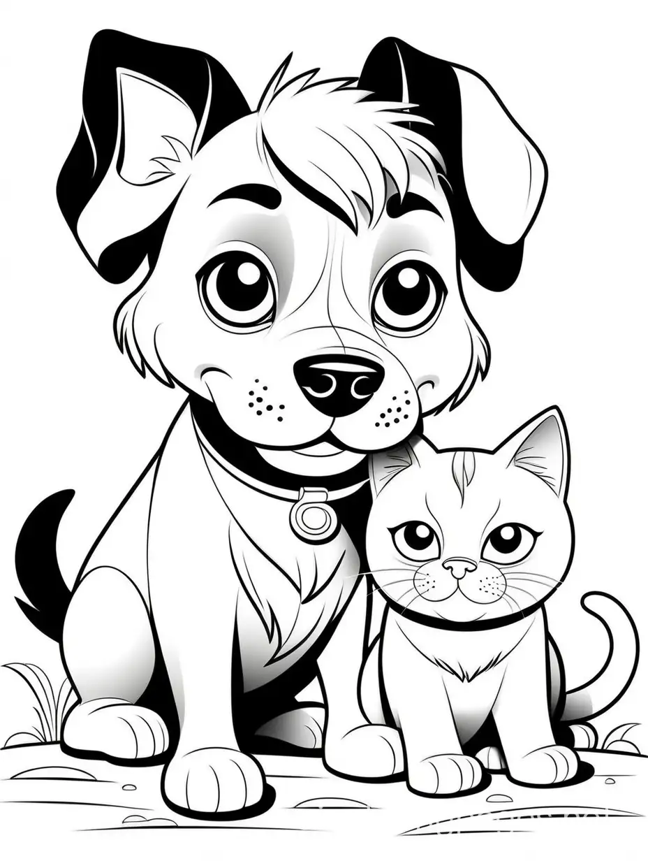 cute dog play with cat
, Coloring Page, black and white, line art, white background, Simplicity, Ample White Space. The background of the coloring page is plain white to make it easy for young children to color within the lines. The outlines of all the subjects are easy to distinguish, making it simple for kids to color without too much difficulty