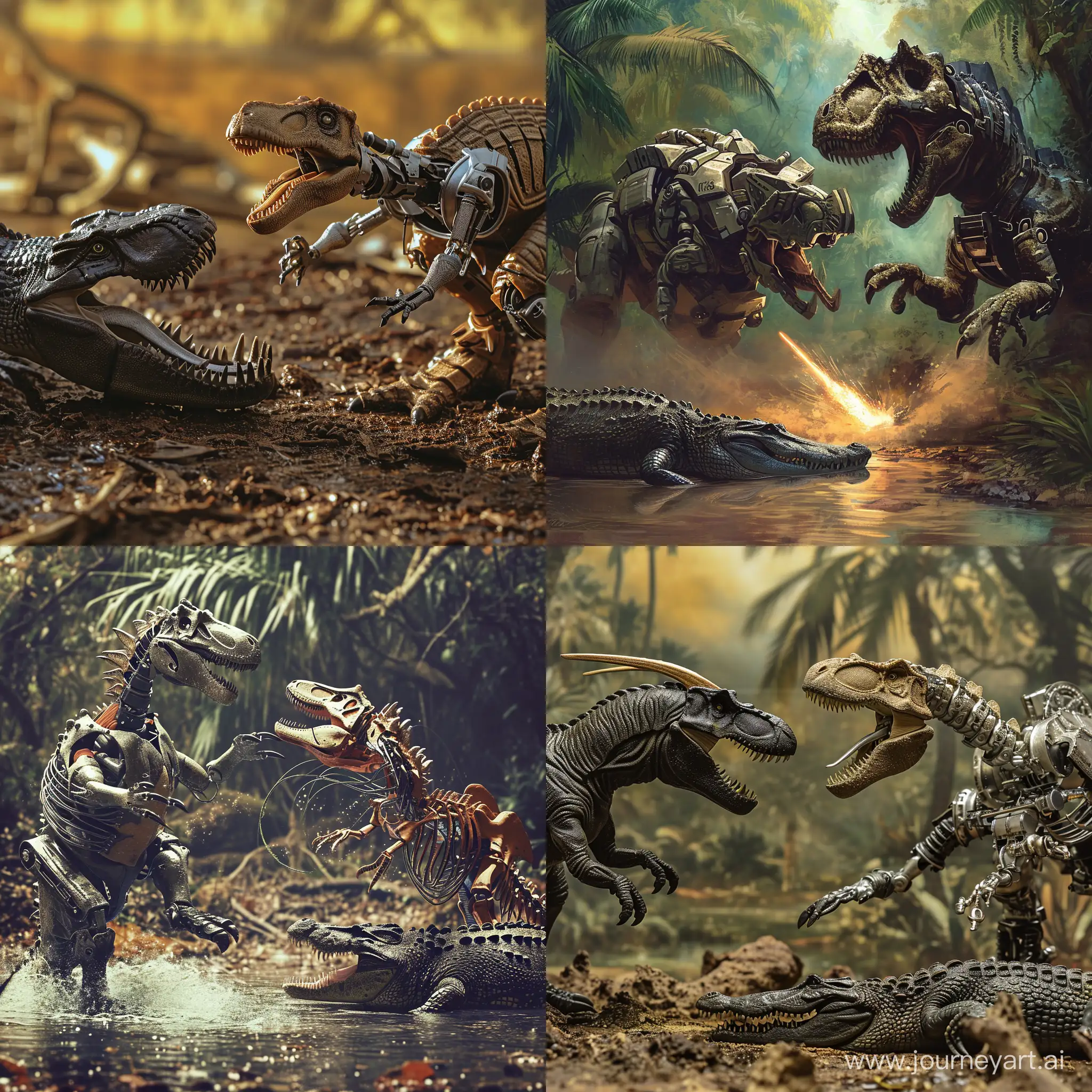 Механический динозавр сражается против крокодила 