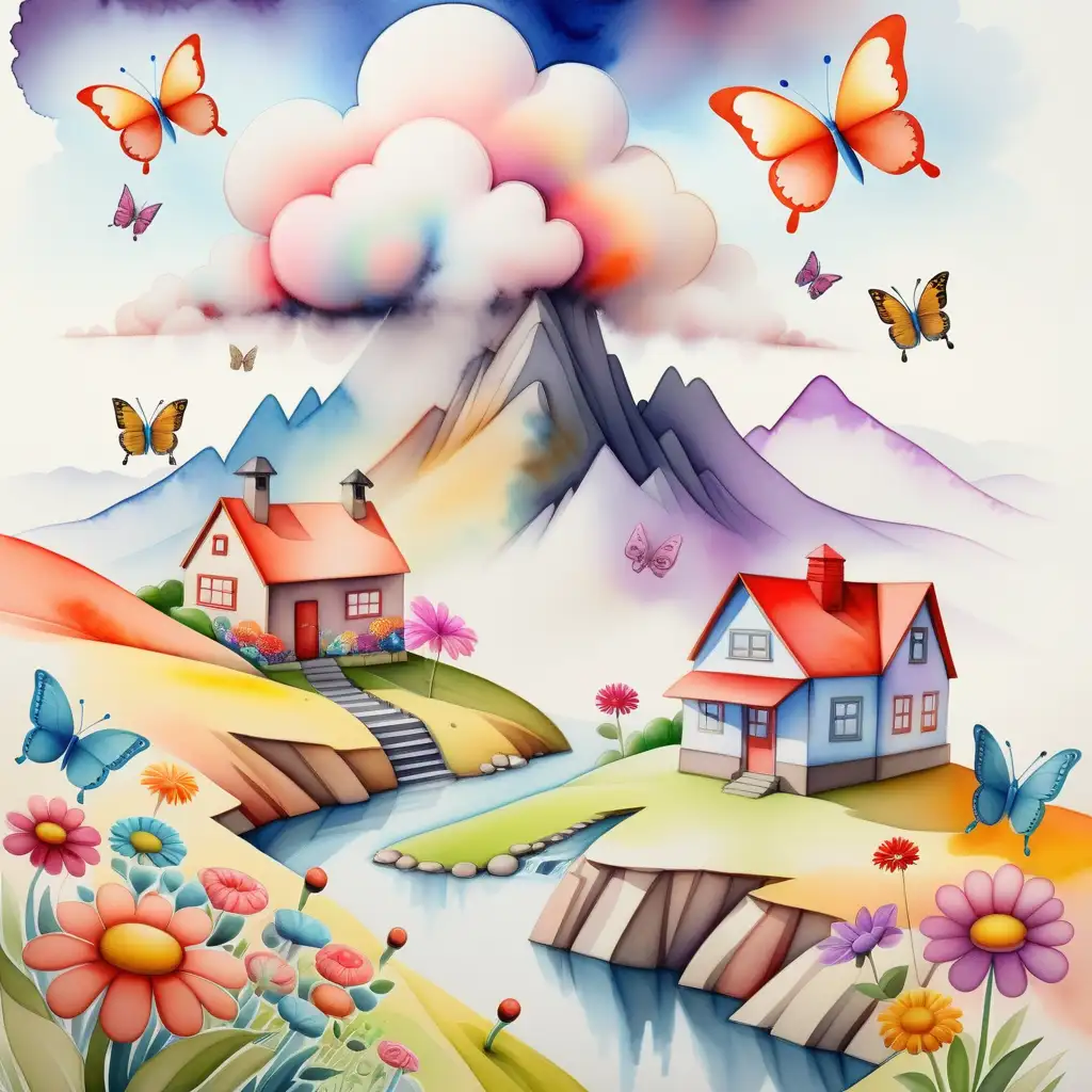 akvarel. visoke planine i rijeka i 4 brda i 1 veliki oblak i na brdima ima puno šarenih cvijeća i mini robot se šeta na brdima i puno šarenih leptira i 2kućice i sve je šareno.