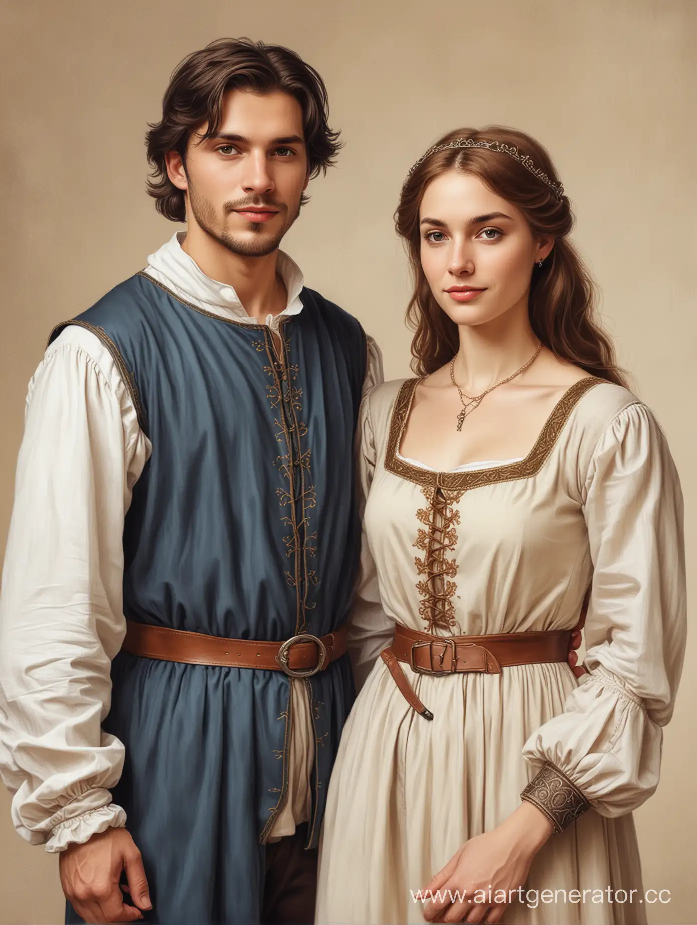 Близнецы, мужчина и женщина. Они одеты в простой средневековый костюм. Они выглядят непринуждённо. Рисунок