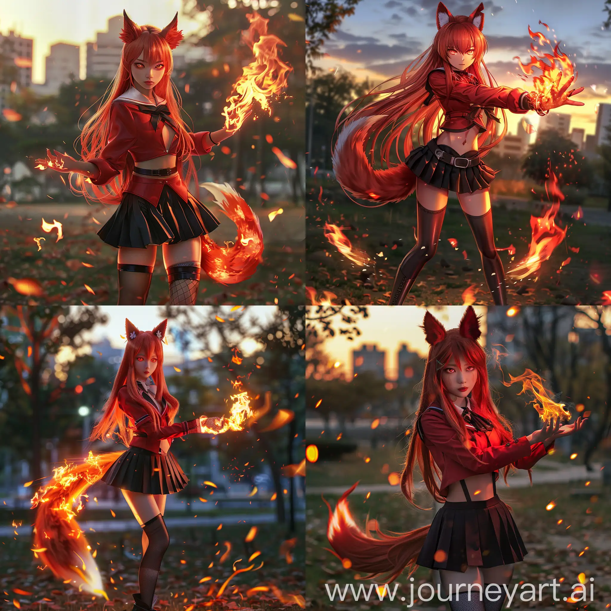 anime-style, full body, athletic, beautiful, tan skin, asian woman, long fiery red hair, red fox ears, red fox tail attached to her waist, fiery red eyes, wearing a red school uniform, black pleated skirt, black leather shoes, black stockings, casting fire magic, hands wrapped in fire, good anatomy, dynamic, embers falling in foreground, city park, sunset