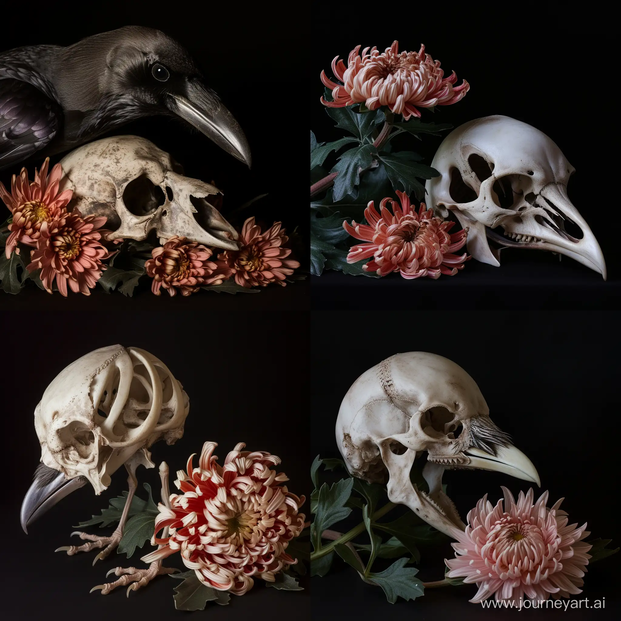 Реалистичная фотография, череп ворона, ракурс 3/4, перед хризантемой, объектив 50мм, черный фон, hd
