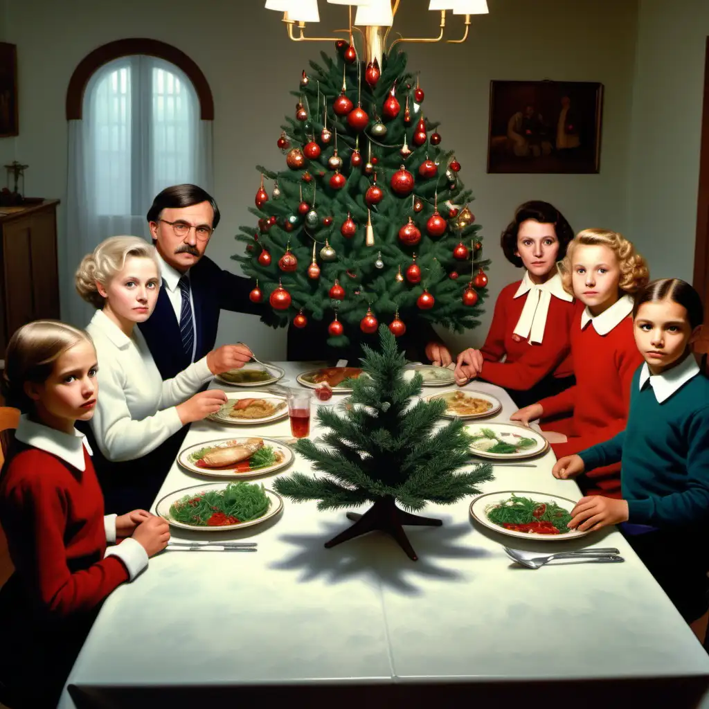 W ultra realistycznym obrazie 8K z wigilii 1980 roku, widzisz rodzinę skupioną przy stole, gdzie przewijają się rozmowy w duchu tamtych czasów PRL. Stara choinka zdobi się prostymi ozdobami, a na stole pojawiają się tradycyjne potrawy tamtego okresu. Atmosfera jest nasycona sentymentem do czasów, kiedy rodzina była centrum świątecznych przeżyć, pomimo trudności epoki.