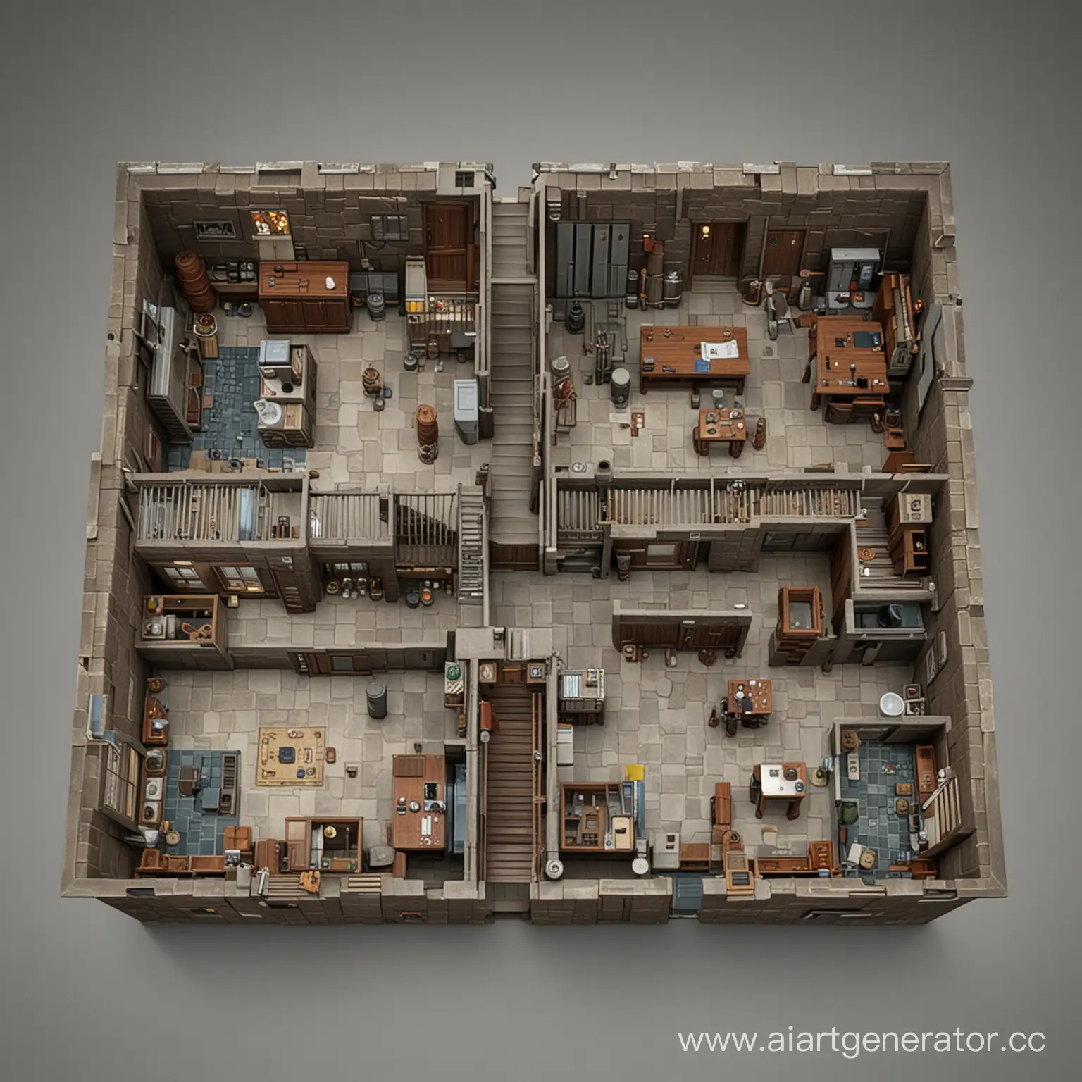 Aerial-View-of-DD-Laboratory-with-Four-Rooms-and-Basement-Staircase
