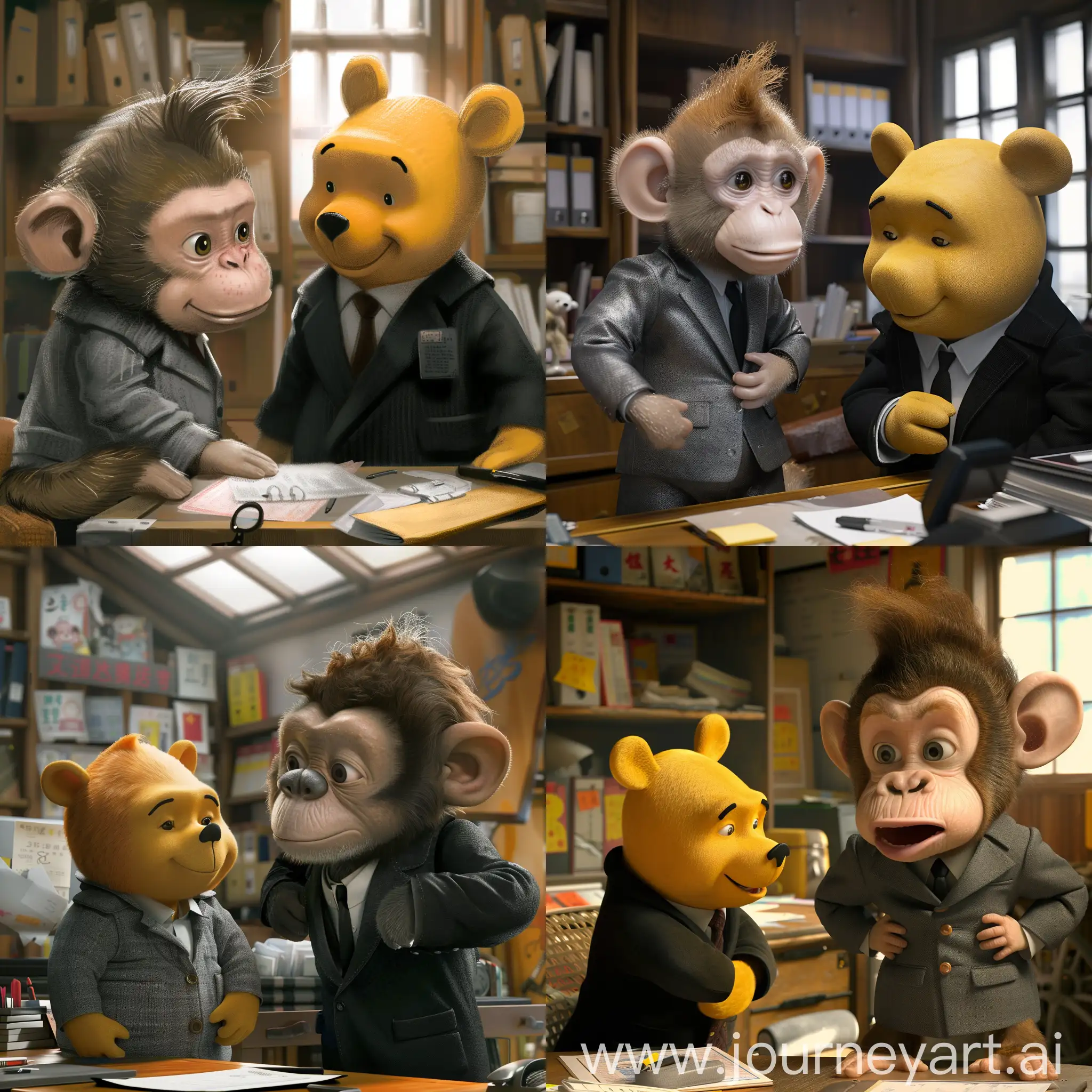 un simio pequeño, con sobrepeso, con pelo chino, con traje gris, en una oficina, trabajando junto a winnie the pooh con traje negro,