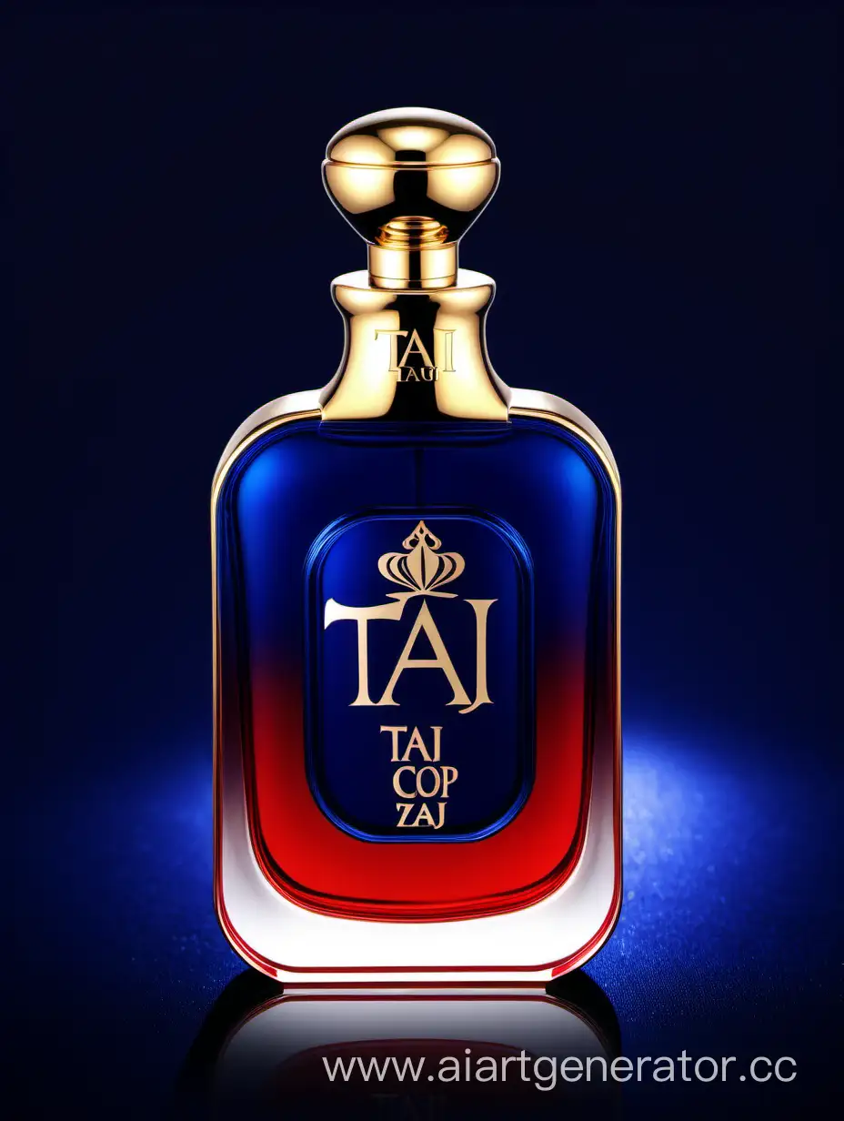 A luxurious Dark Blue Red and white double layers perfume with a elegant zamac cop ((taj text logo))