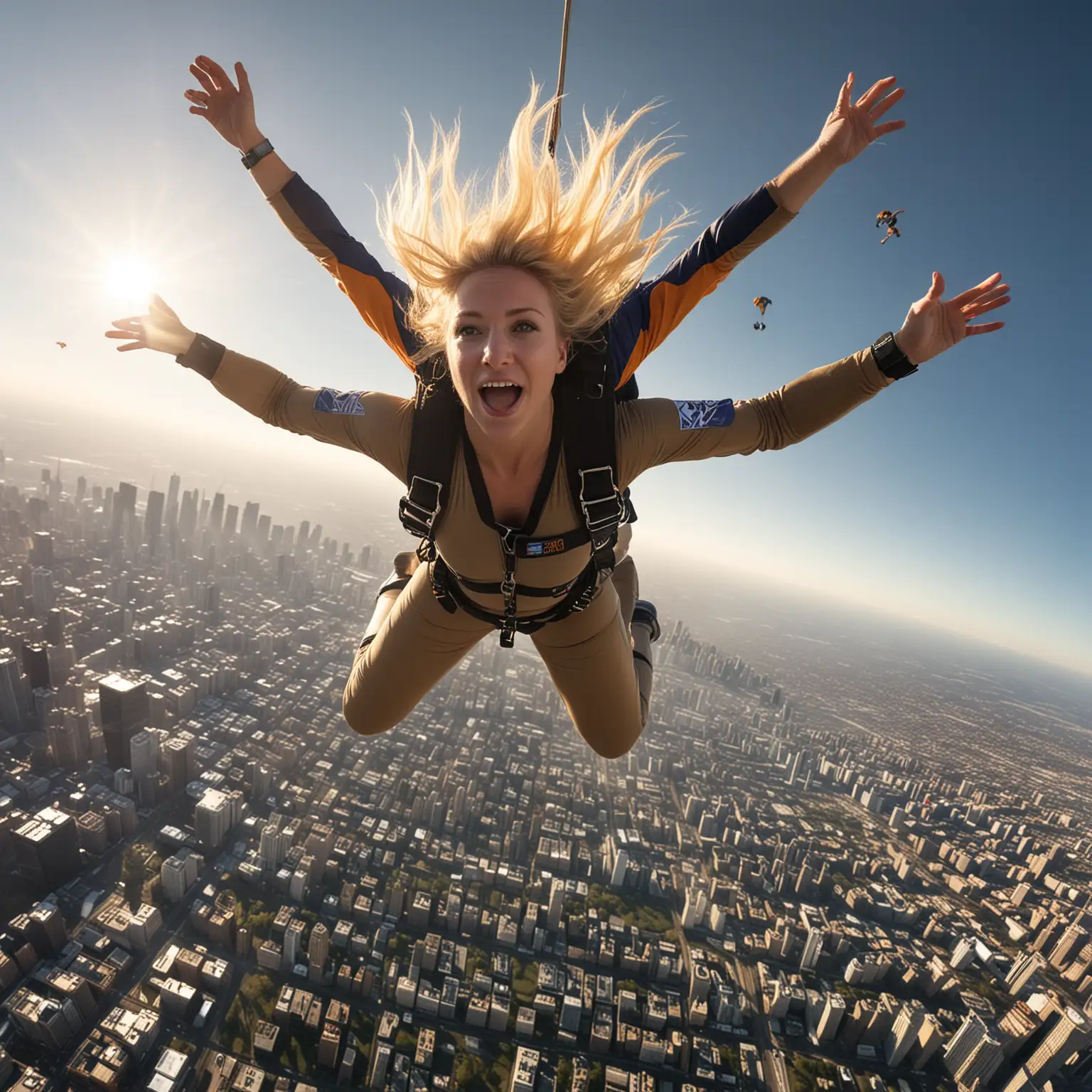 envision a blonde woman falling backwards to skydive with parachute beginning to deploy. eyelevel details of the skyline. looking down to a forrested area and city skyline. face illuminated by the sunlight. expression of satisfaction. bold, rich color.
