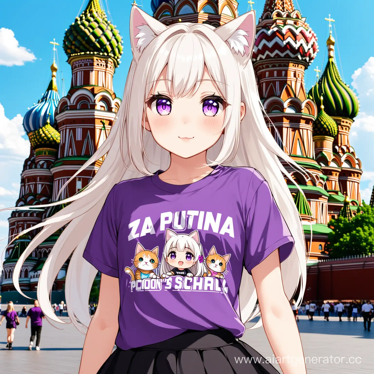 loli, long white hair, cat ears, black skirt, purple T-shirt, with the text ‘Za Putina’ on T-shirt, St. Basil's Cathedral on background