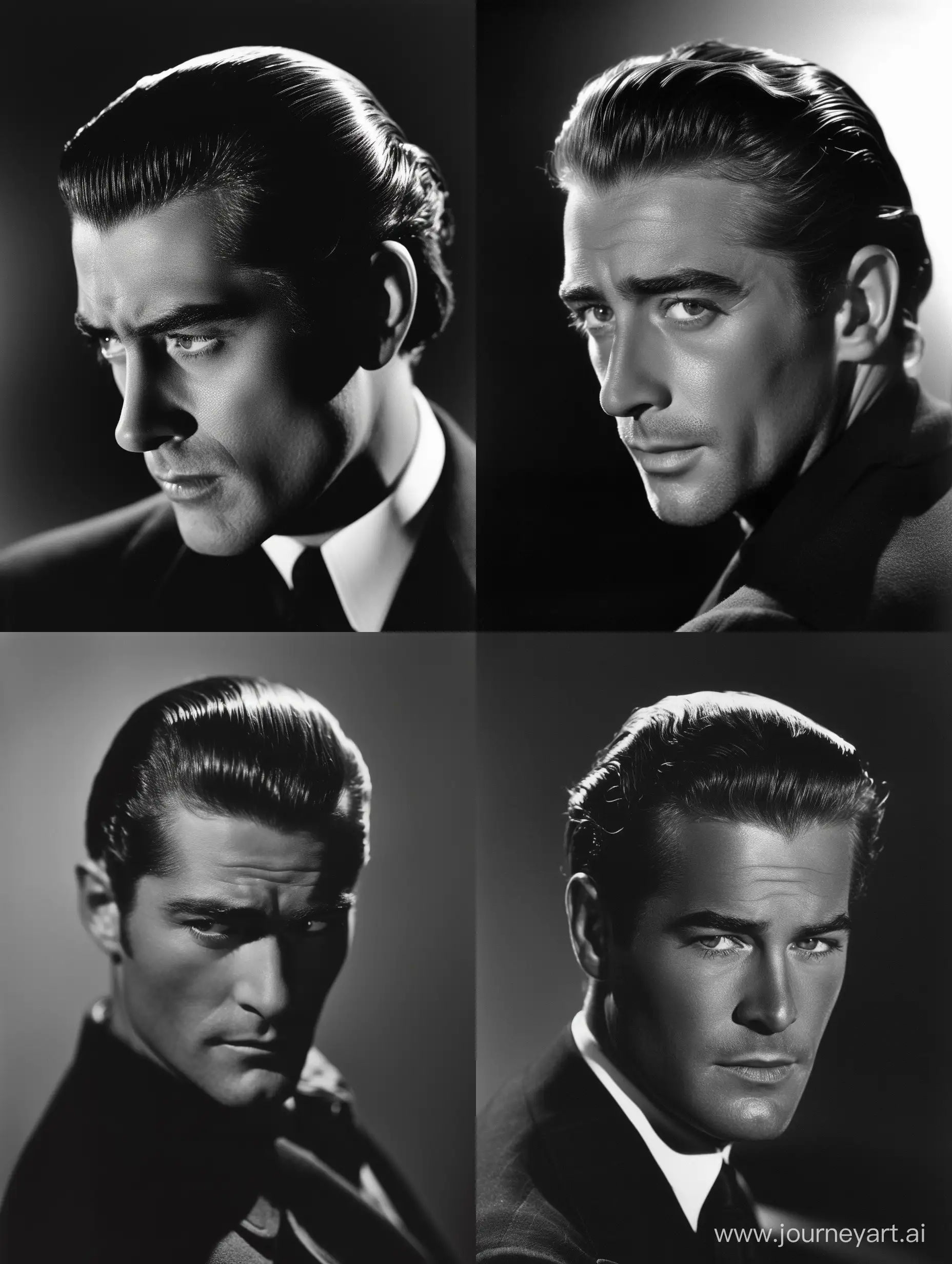 Noir shot of Glamorous 1940s handsome movie star man with slicked-back hair