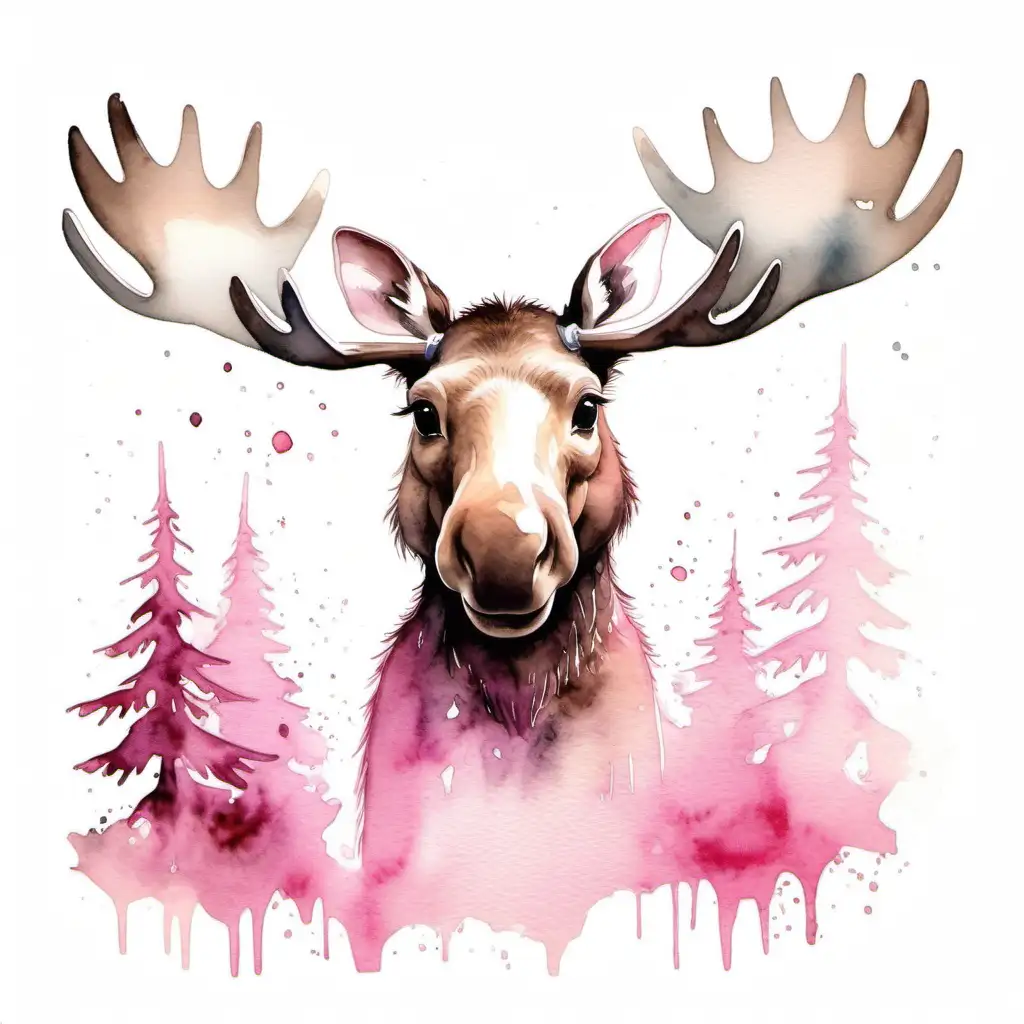 Moose pink cub watercolour painting artwork beautiful magical enchantment welcoming friendly white background minimal simple 