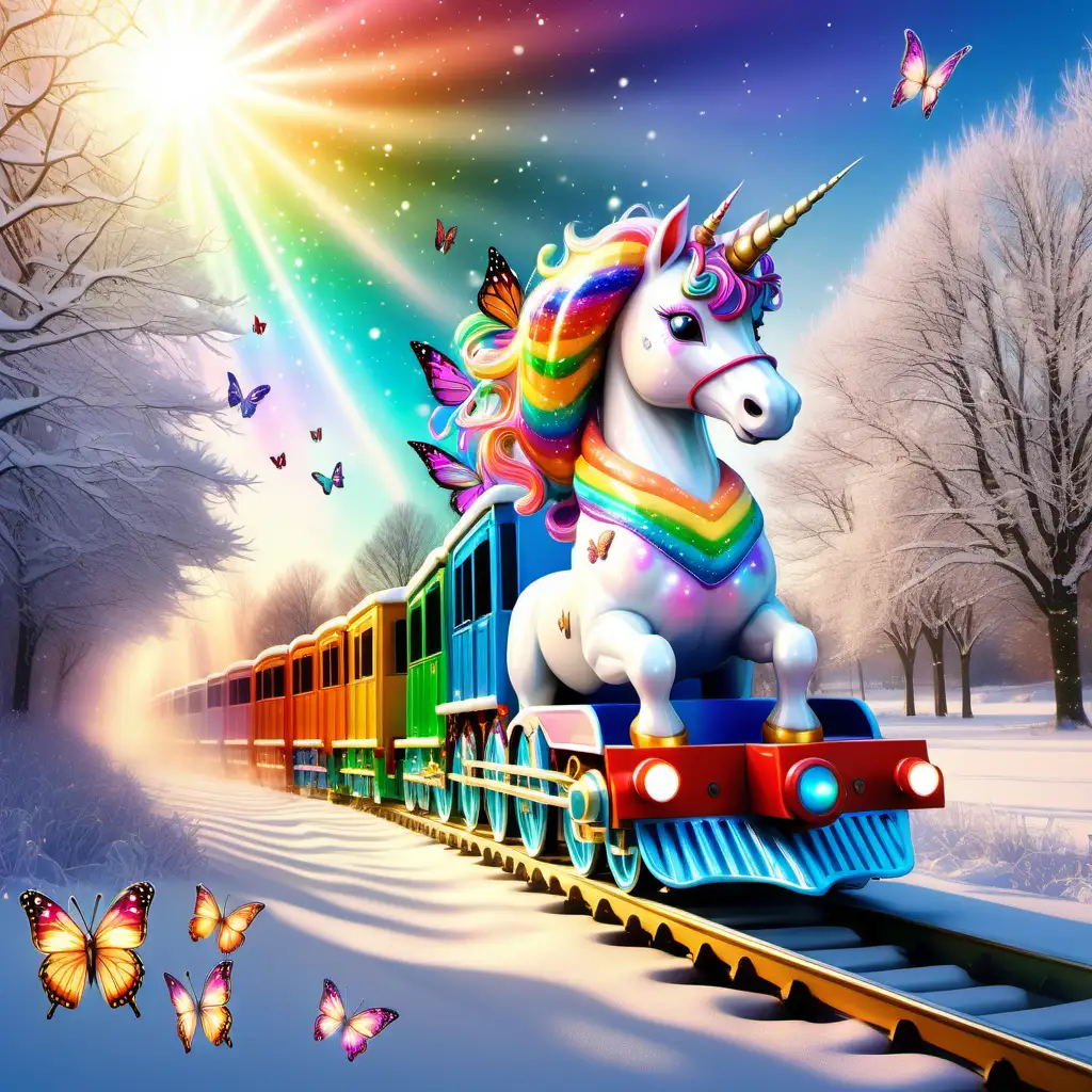 rainbow colored unicorn train, glittersplash, glitter dust, sparkle, in a beautiful winter country setting,  mother of pearl, sun rays, multi colored sky line, snow drop flowers and a butterfly