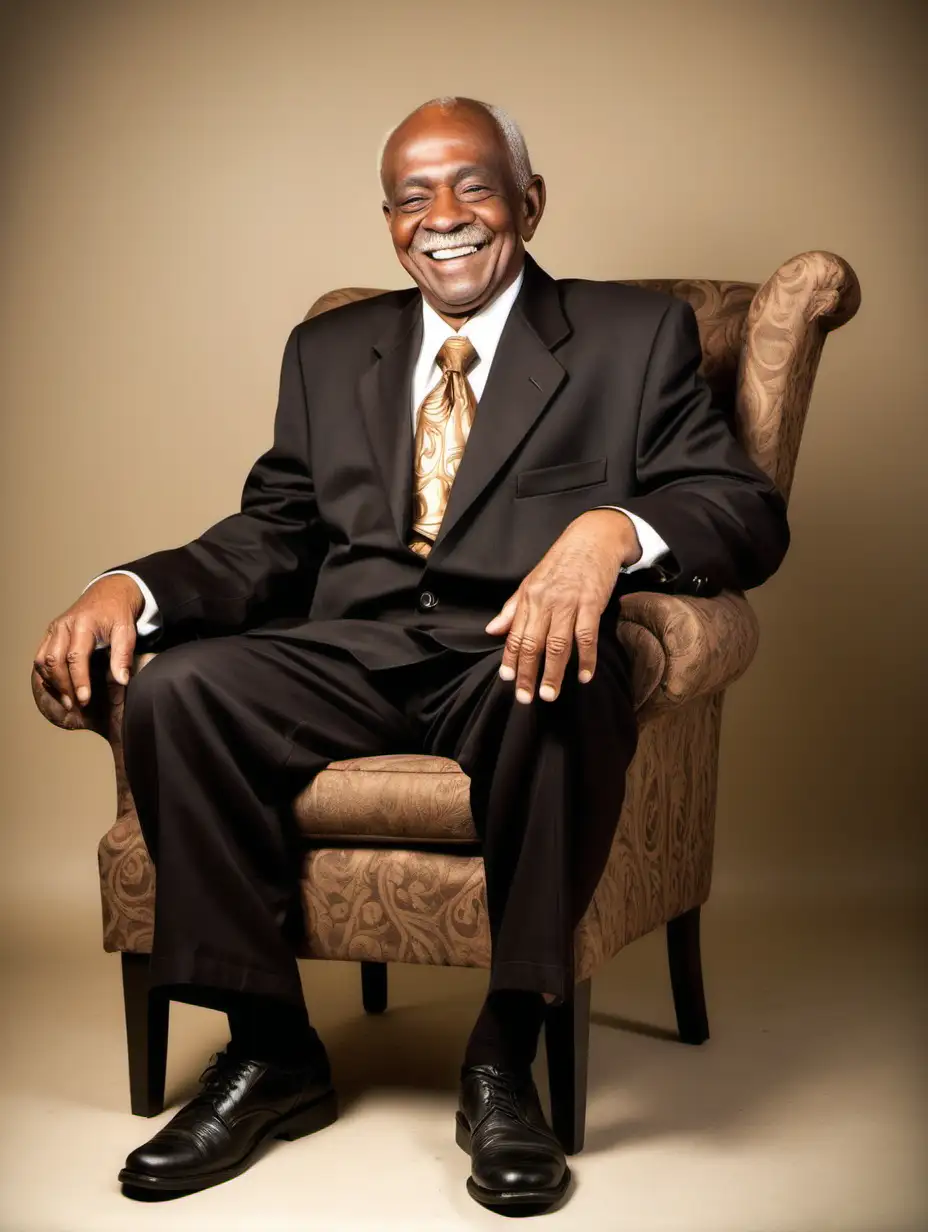 a handsome african american old man sitting in chair smiling full body photo
