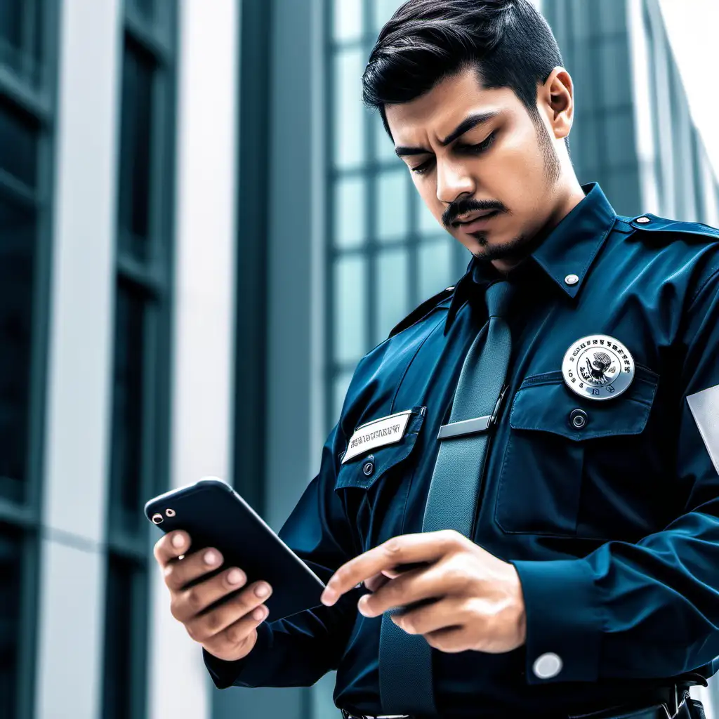 Genera una imagen que represente la eficiencia y control en la seguridad  con la ayuda de una app movil usada por un guardia de seguridad en una empresa. Los rasgos del guardia de seguridad deben de ser de mexicano