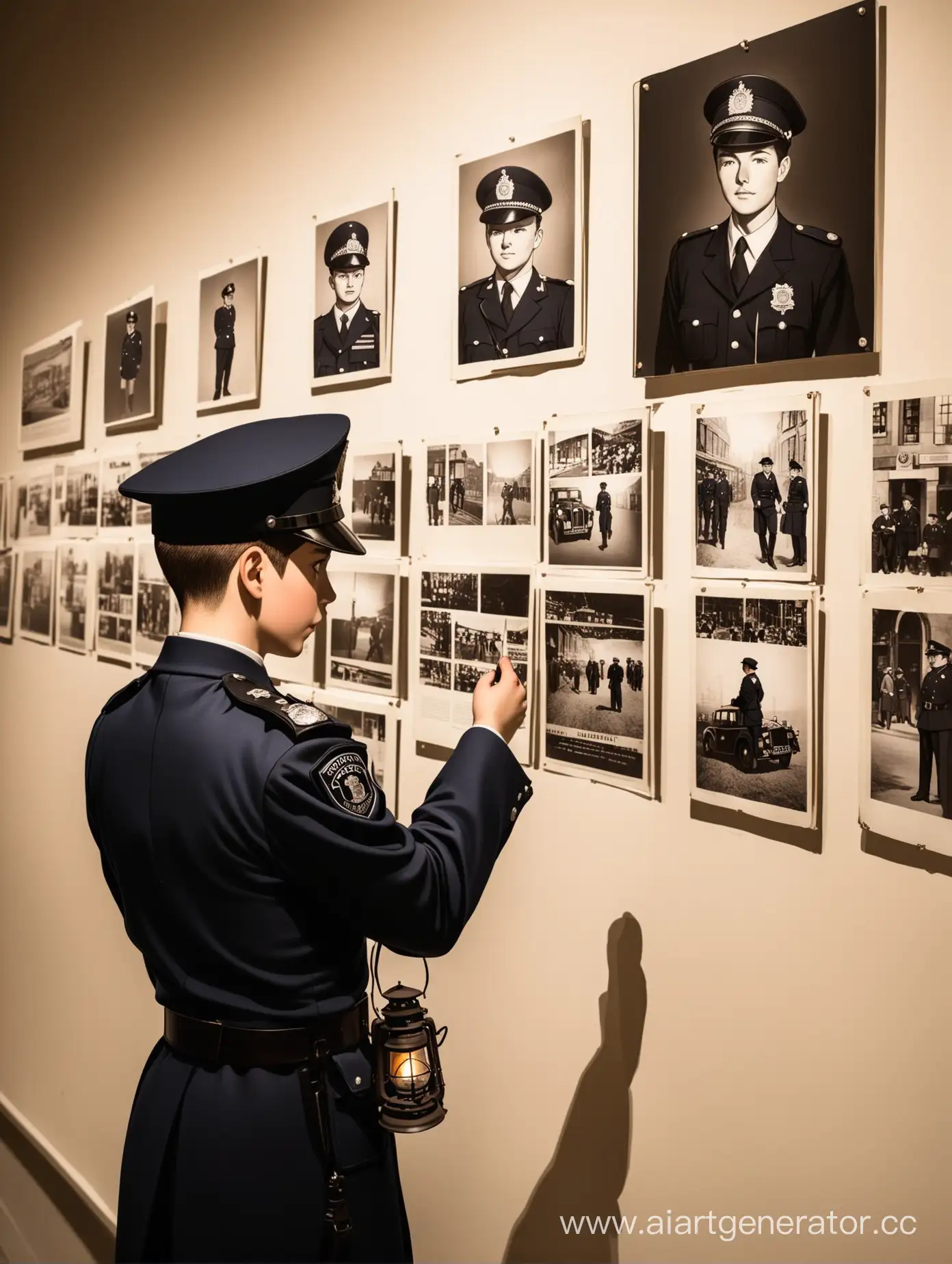 Мальчик в костюме британского полицейского середины 20 века ночью с фонарём, разглядывающий фотографии на стене