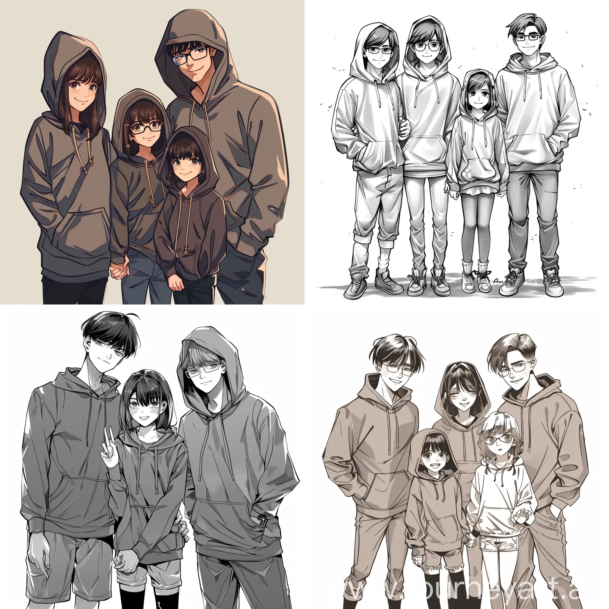 4 people are out on trip , to a cyber town the team consist of two boys and two girls, thier name is Sasha, asha, tom, peter. Sasha is 16 years old cute short girl with short girl wearing hoodie. Asha 16 years old is cute girl she also wears hoodie same as sasha. Asha and Saha was holding hands, tom is 17 years old boy tall and handsome wears hoodie and with long bangs on his forehead and wears glasses, he is childish type and smiles all the time. peter is 19 years old tall handsome boy, he dependable, he wears hoodie and he is often cold Don't smile much. They are good friends and posing together