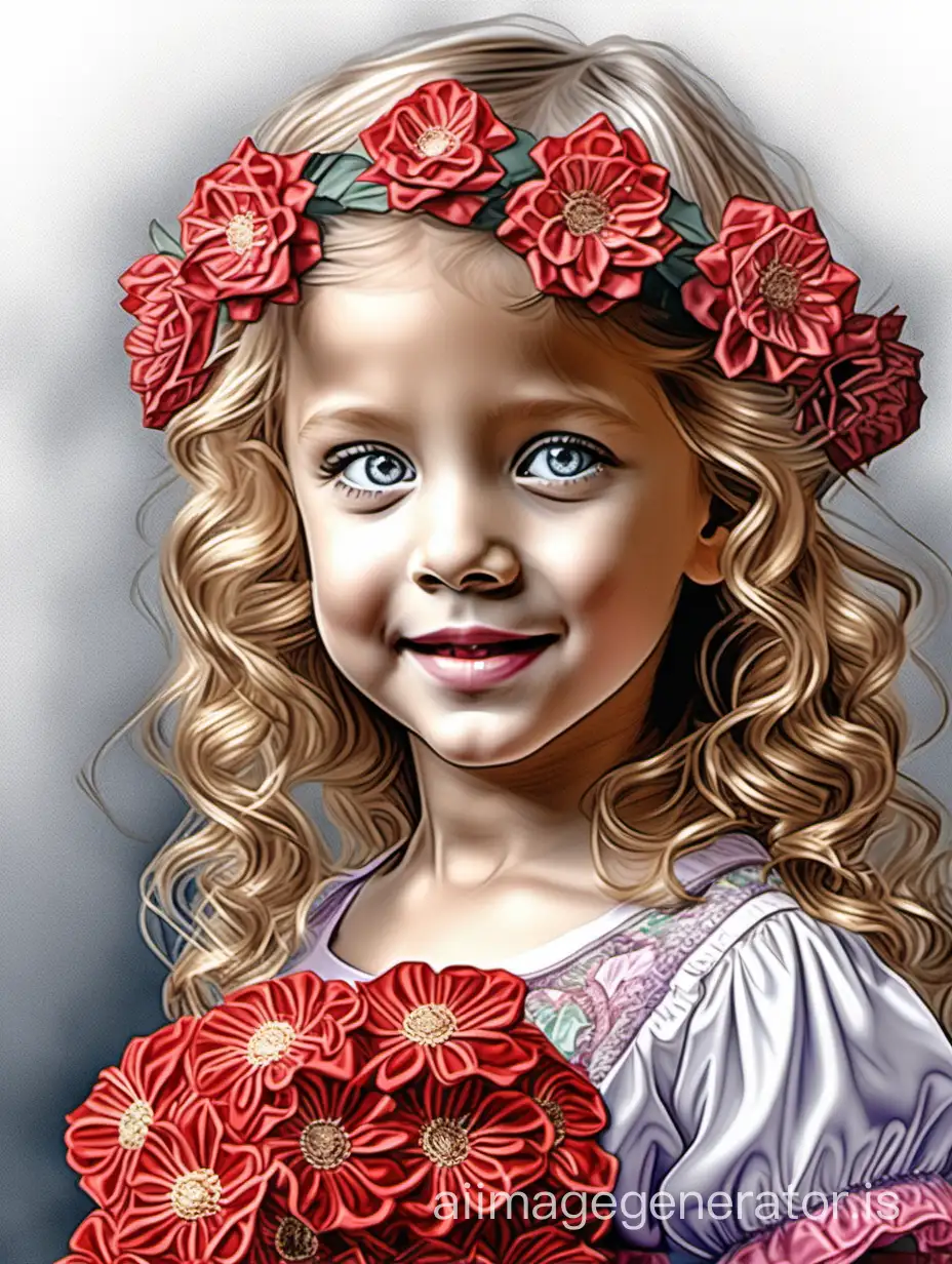 a very beautiful little girl with crystal eyes,in her hands a bouquet of beautiful flowers,with curls,a charming smile,full-length,openwork scarlet silk watercolor drawing, photo portrait, photorealism digital-art, pixel elaboration,detailing,many details, dynamic,intracate details,bohemian,elegant,aesthetic,lineout,surrealism,realistic, quality, work of art,hyperdetalization,professional,filigree,haze,overdetalization,hyperrealism,mosaic illustration
