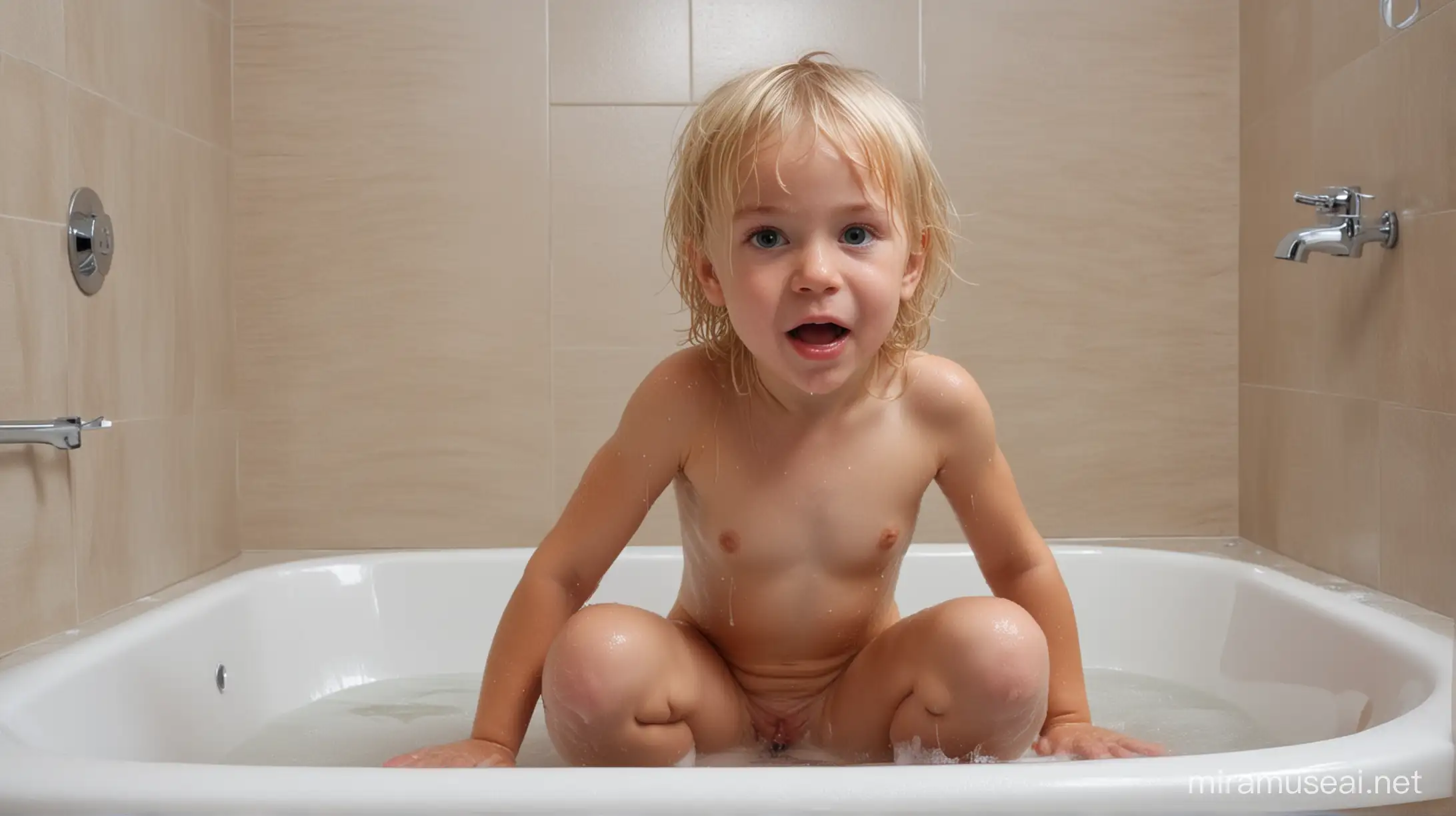 Little blonde kid, naked, wet in Bath, siitting spread legs, front view
