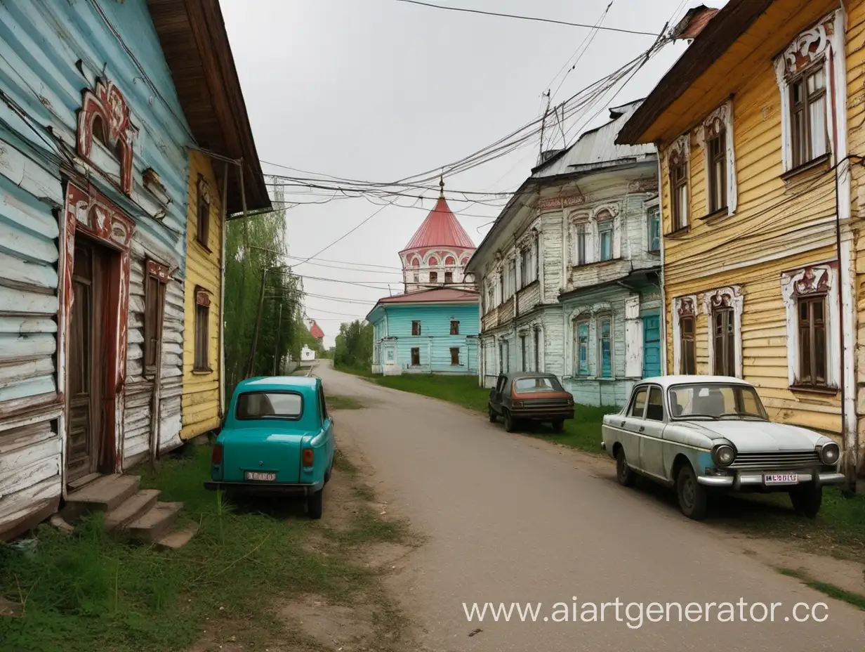 Россия, старые дома, машины едут по маленькой дороге