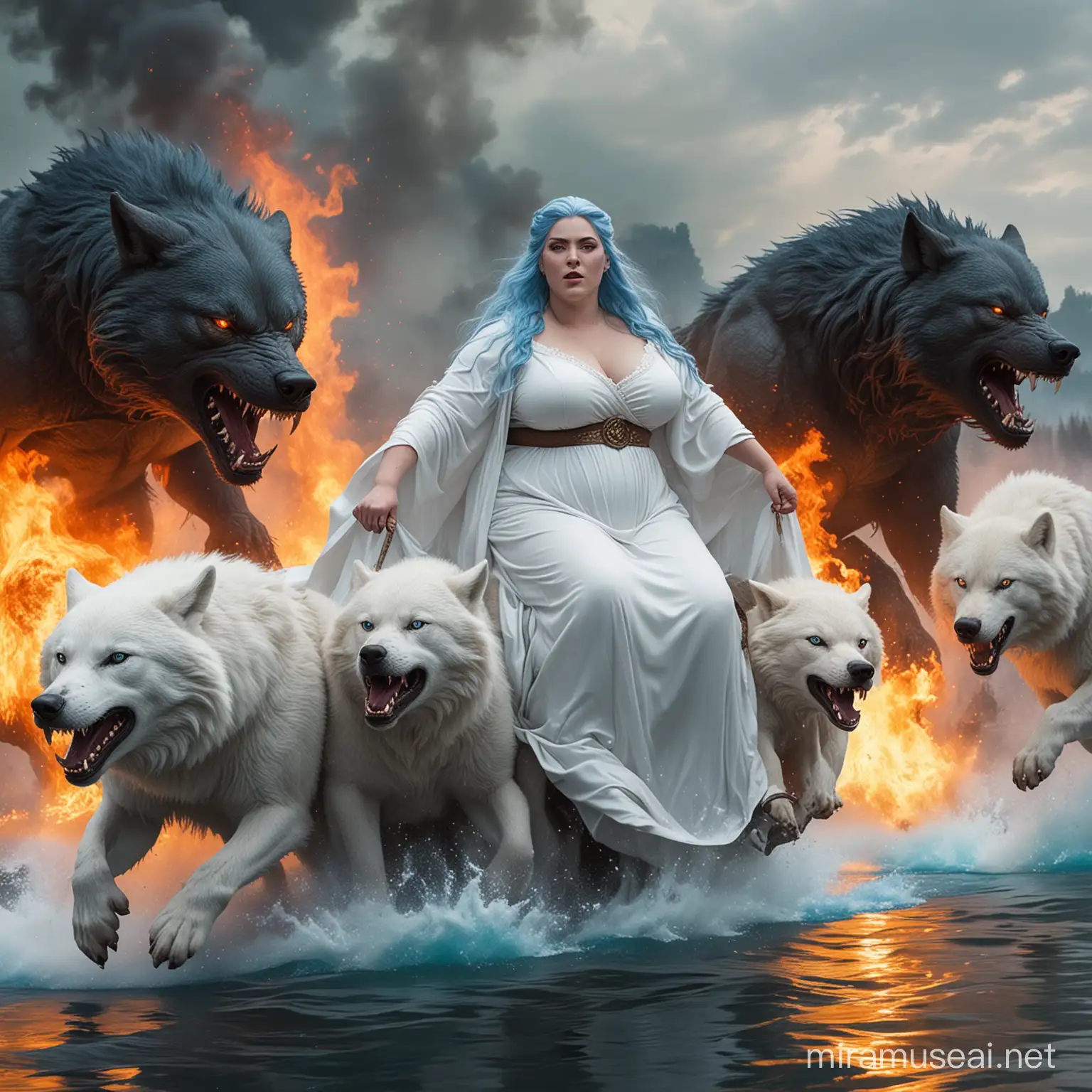 A fat lady on white gown,  with blue hair and blue eyes  riding on a whte big wolf with two head , on a lake of fire and being pursued by two large black angry  werewolves from behind 