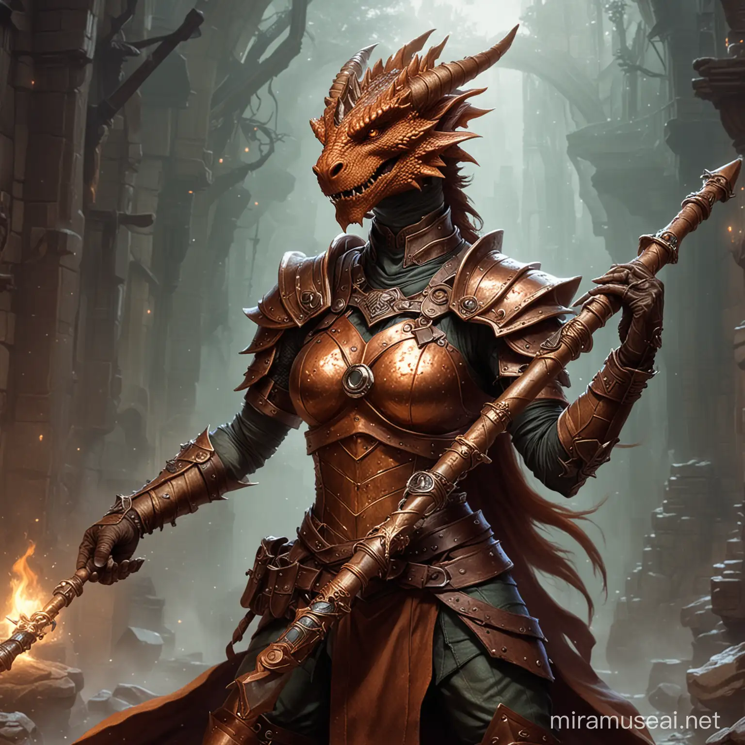 copper dragonborn from dungeons and dragons, bard, female, flute
