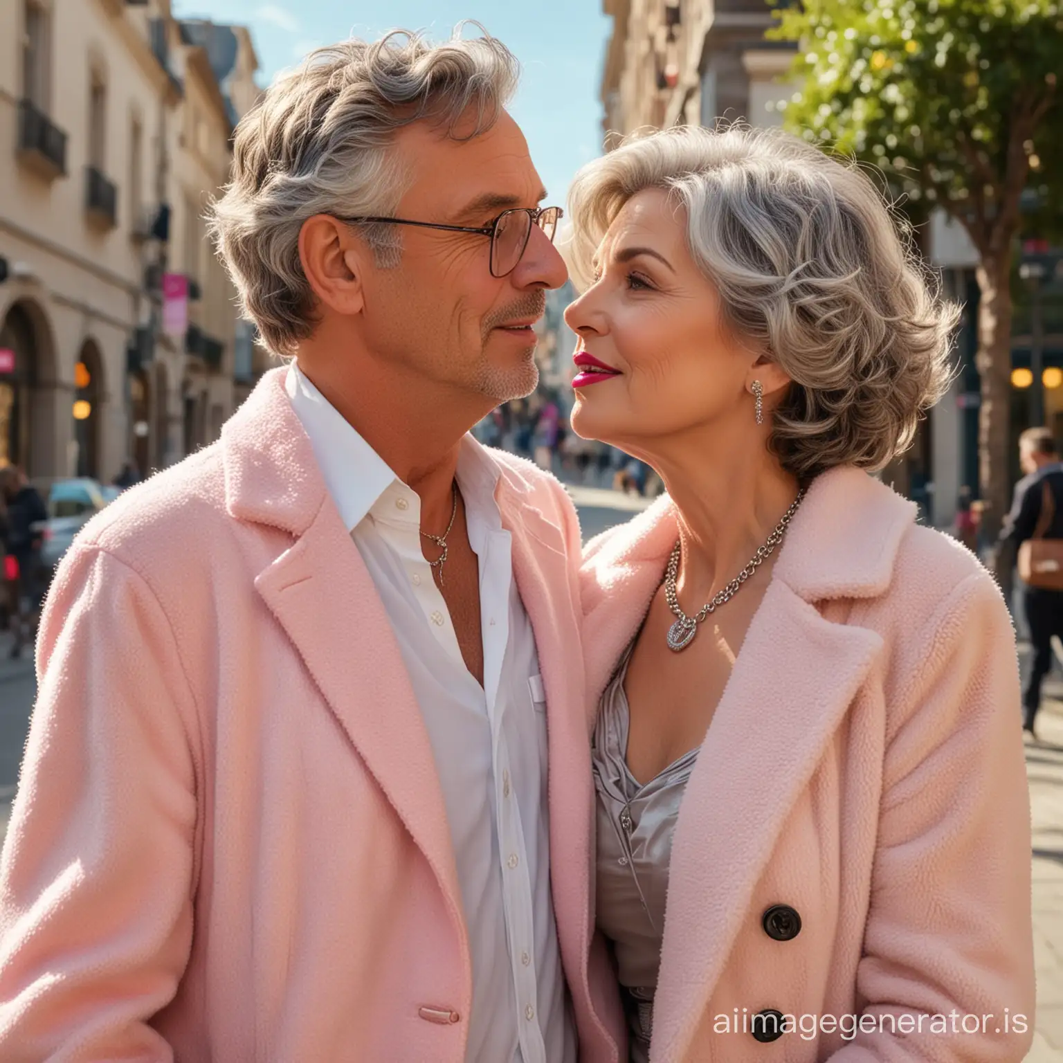 hyperrealistic face, 70 years old, woman, grey short wavy hair, attractive, gorgeous, elegant, full body, big breast, necklace, high heels, pink lips, full nude, hairy bush, without panties, open white coat, handbag, street , standing, the woman embraces the man, vibrant color grading, sunshine
