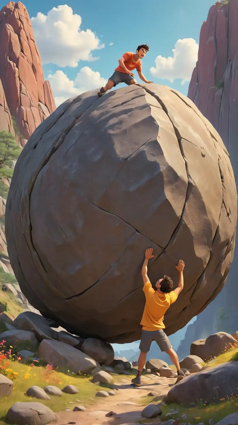 Create a 3D illustrator of an animated scene where In the image, a man is pushing a big rock which is round in shape on a mountain.Beautiful, colourful and spirited background illustrations.
