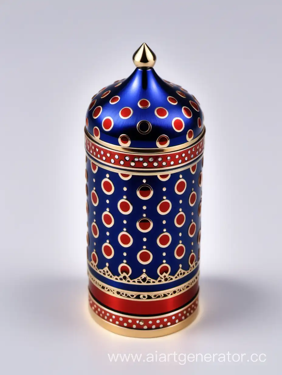 Zamac Perfume decorative ornamental long cap, SHINY DARK BLUE color with matt RED WHITE border line with dots in middle arabesque pattern shaped | metallizing finish