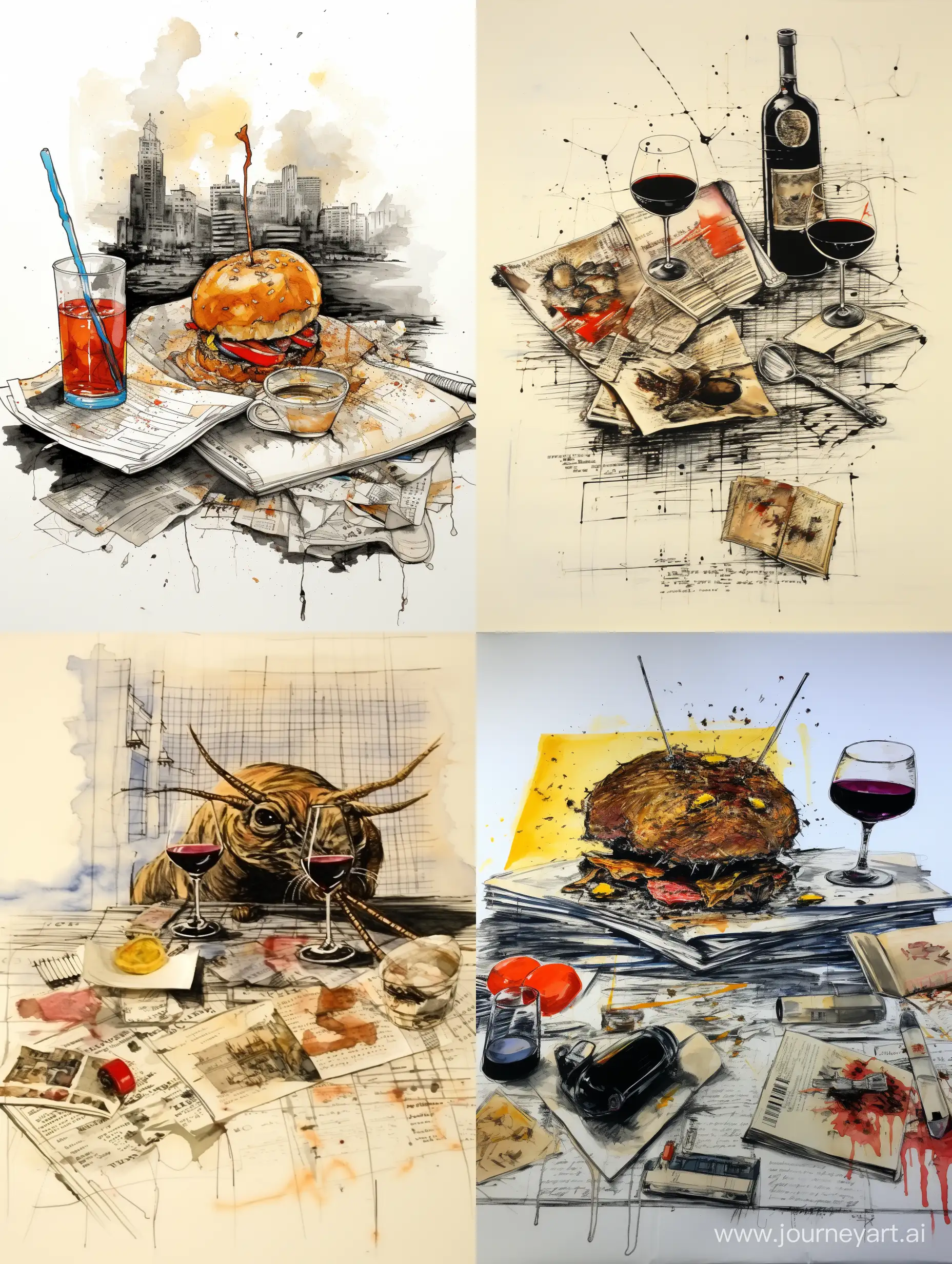 half of a burger, one whiskey tumbler, pages of a manuscript, cigarettes, ashes, mustard spilled, ketchup smeared, potato fries:: on a side, view from above, no background, Ralph Steadman's style in ink, erratic, --no faces,