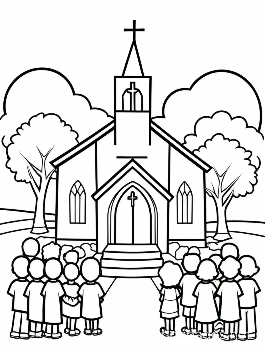 Church PLAY, Coloring Page, black and white, line art, white background, Simplicity, Ample White Space. The background of the coloring page is plain white to make it easy for young children to color within the lines. The outlines of all the subjects are easy to distinguish, making it simple for kids to color without too much difficulty