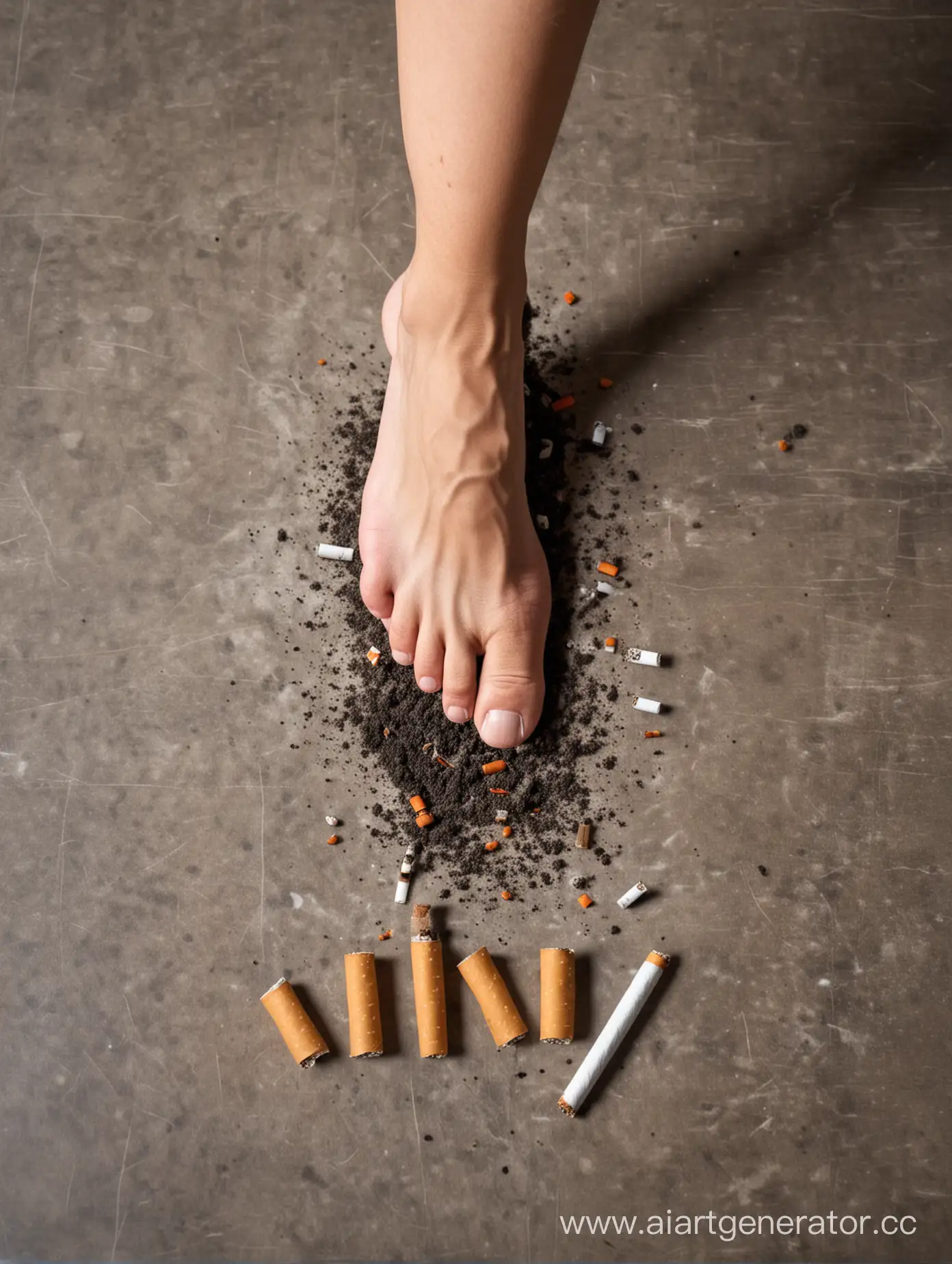 A human foot tramples on cigarettes