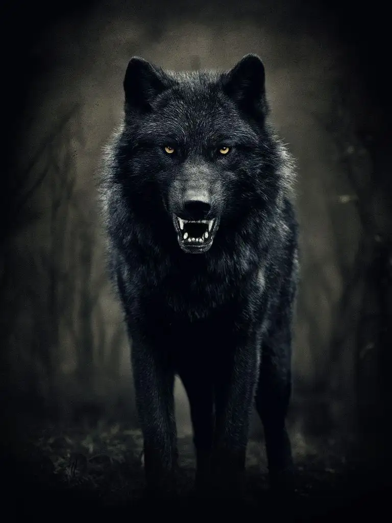 a black wolf, with bristly hair, very scary, in a threatening way, in a dark and gloomy forest, with a slightly out of focus background