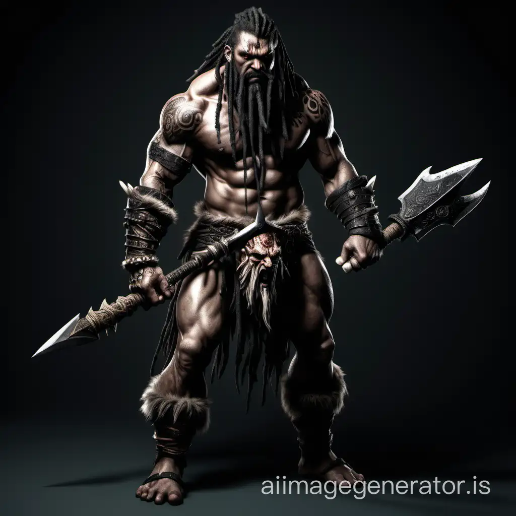 fantasy ugly barbarian monster hunter black eyes black long beard dreadlocks spear fully body perspective