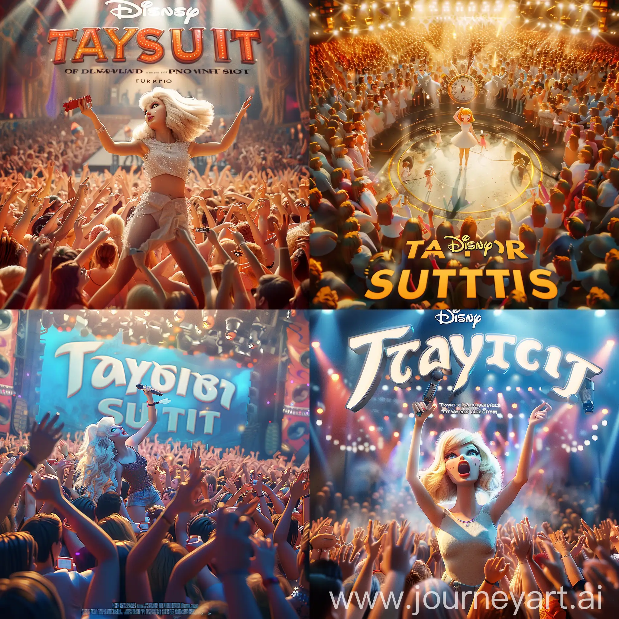 A stunning 3D render of a Disney Pixar movie poster featuring a white, blonde, blue-eyed American girl, Taylor Swift, performing at a massive concert. She is surrounded by a sea of cheering fans, with the movie title "Taylor Swift" prominently displayed. The overall ambiance of the poster is energetic and vibrant, with a touch of magical realism., 3d render, poster