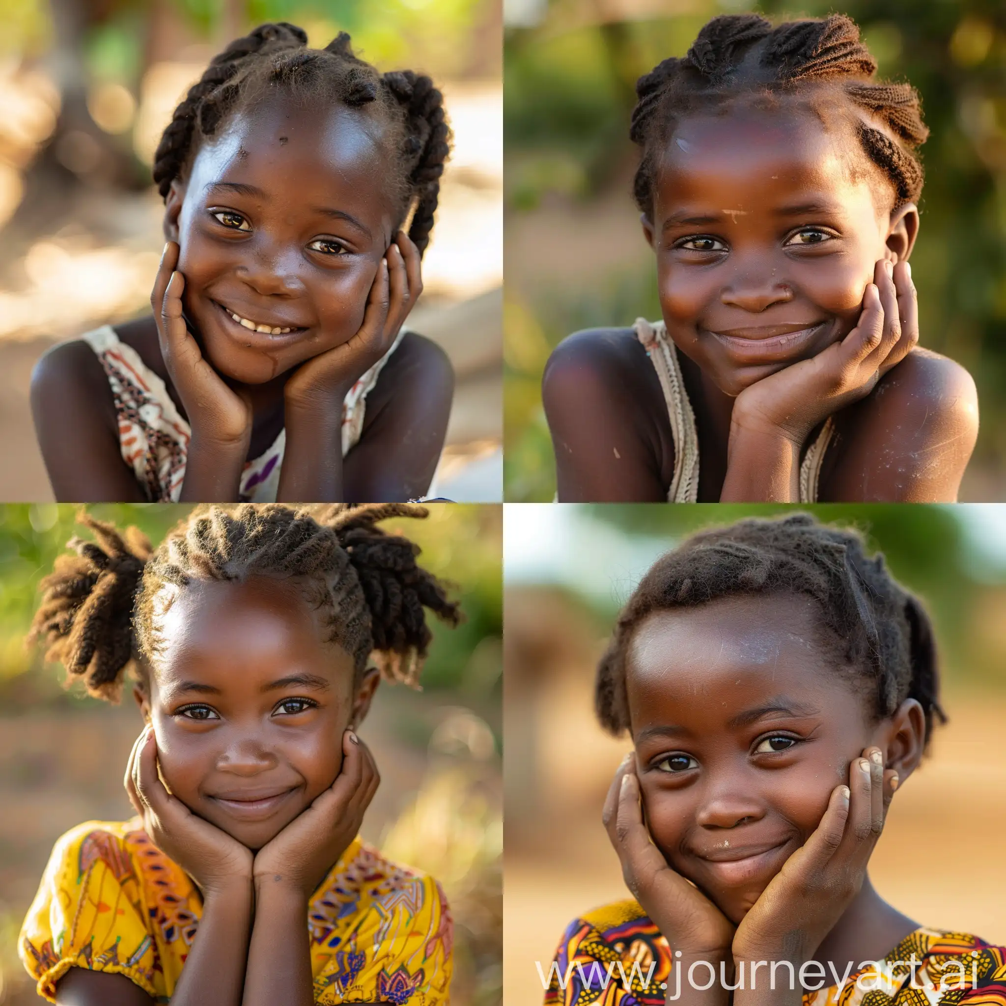African young girl smiling and holding her face on a sunny day